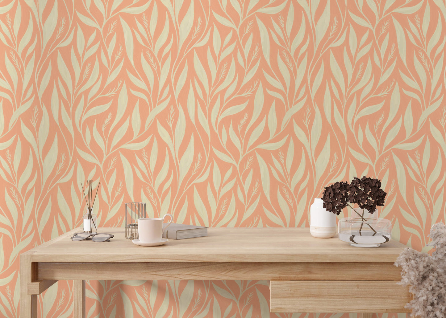 Chic peach background with white leaf art
