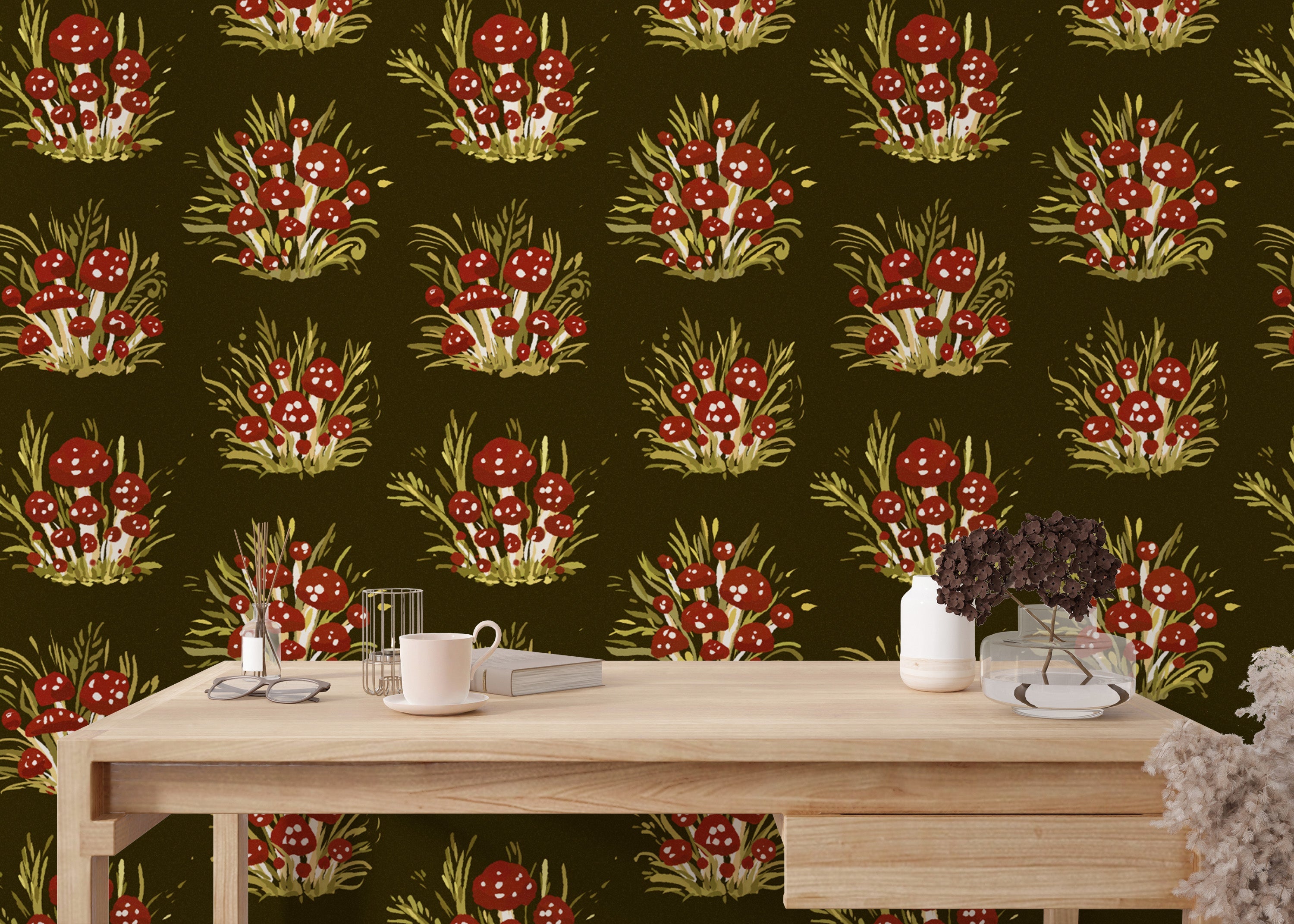 Elegant mushroom millefleurs dark wallpaper for a bold statement.
