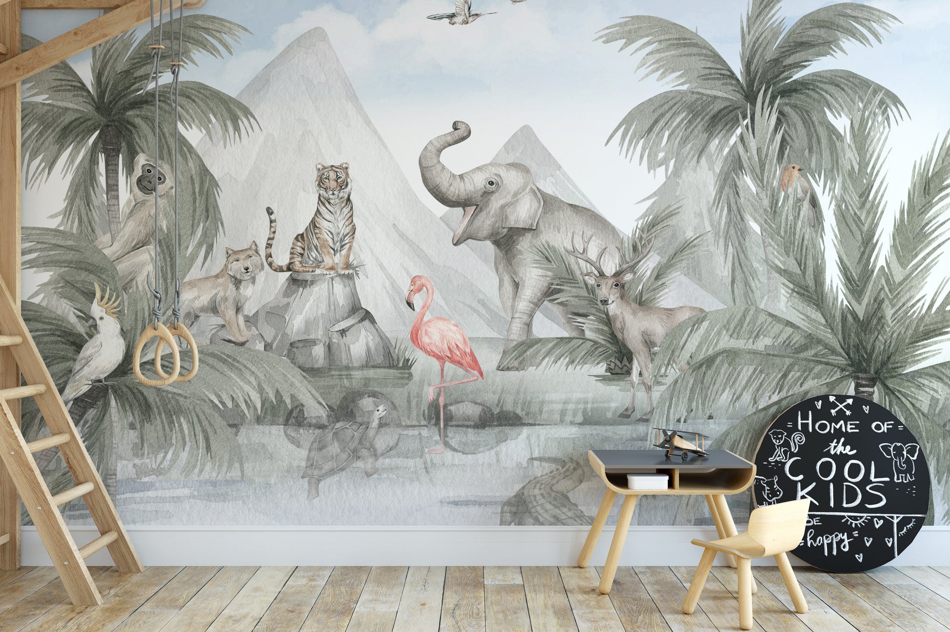 Colorful tropical animals in a lush mural design