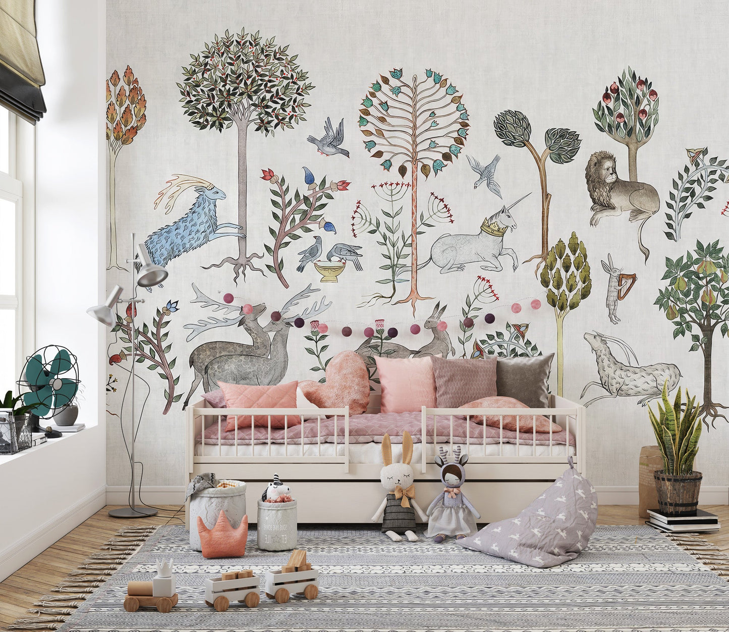 Whimsical wildlife wallpaper mural for kids