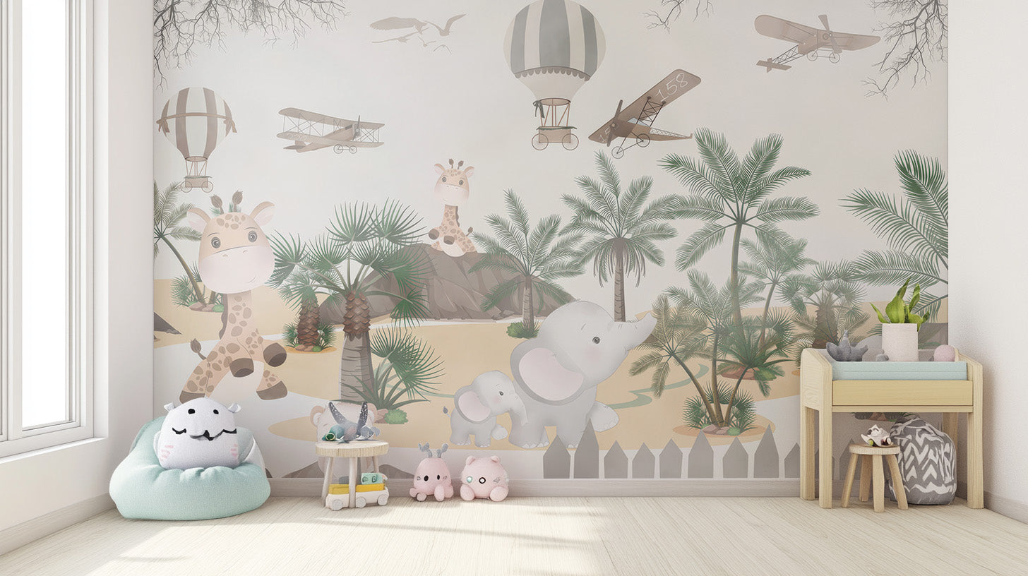 Safari-themed mural for boys' room wallpaper
