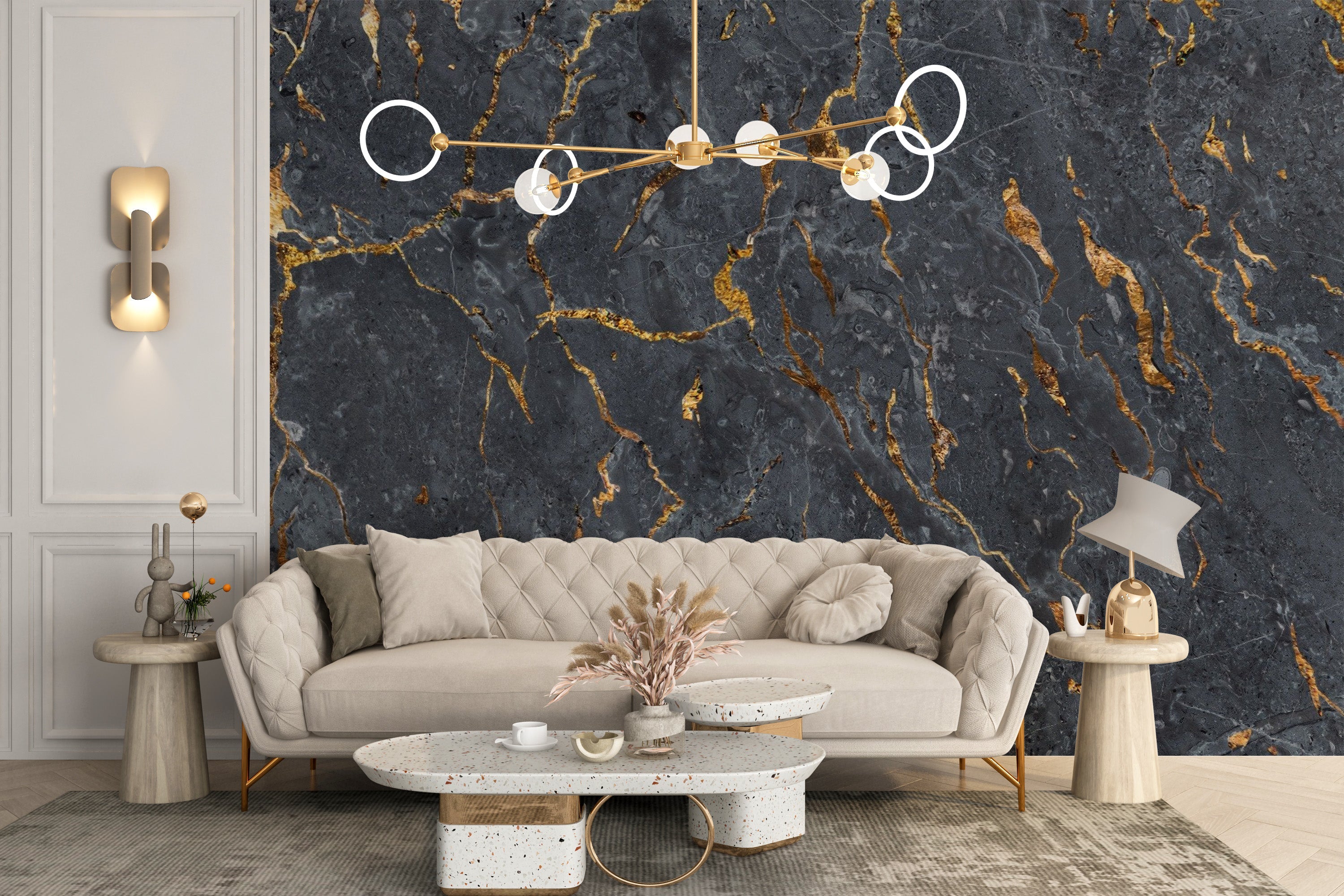 Glamorous black marble mural with gold details
