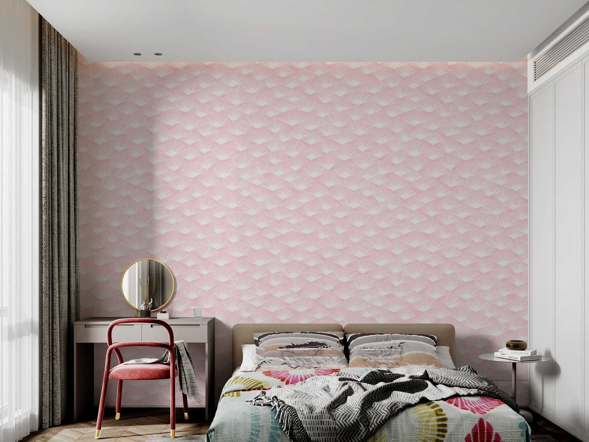 Tropical Blush wallpaper with a chic fan-inspired pattern.
