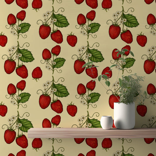 Vibrant red trailing strawberries wallpaper for lively interiors.