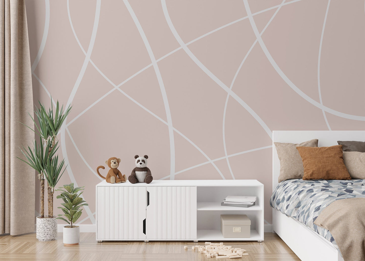 Minimalist beige line art mural for walls.
