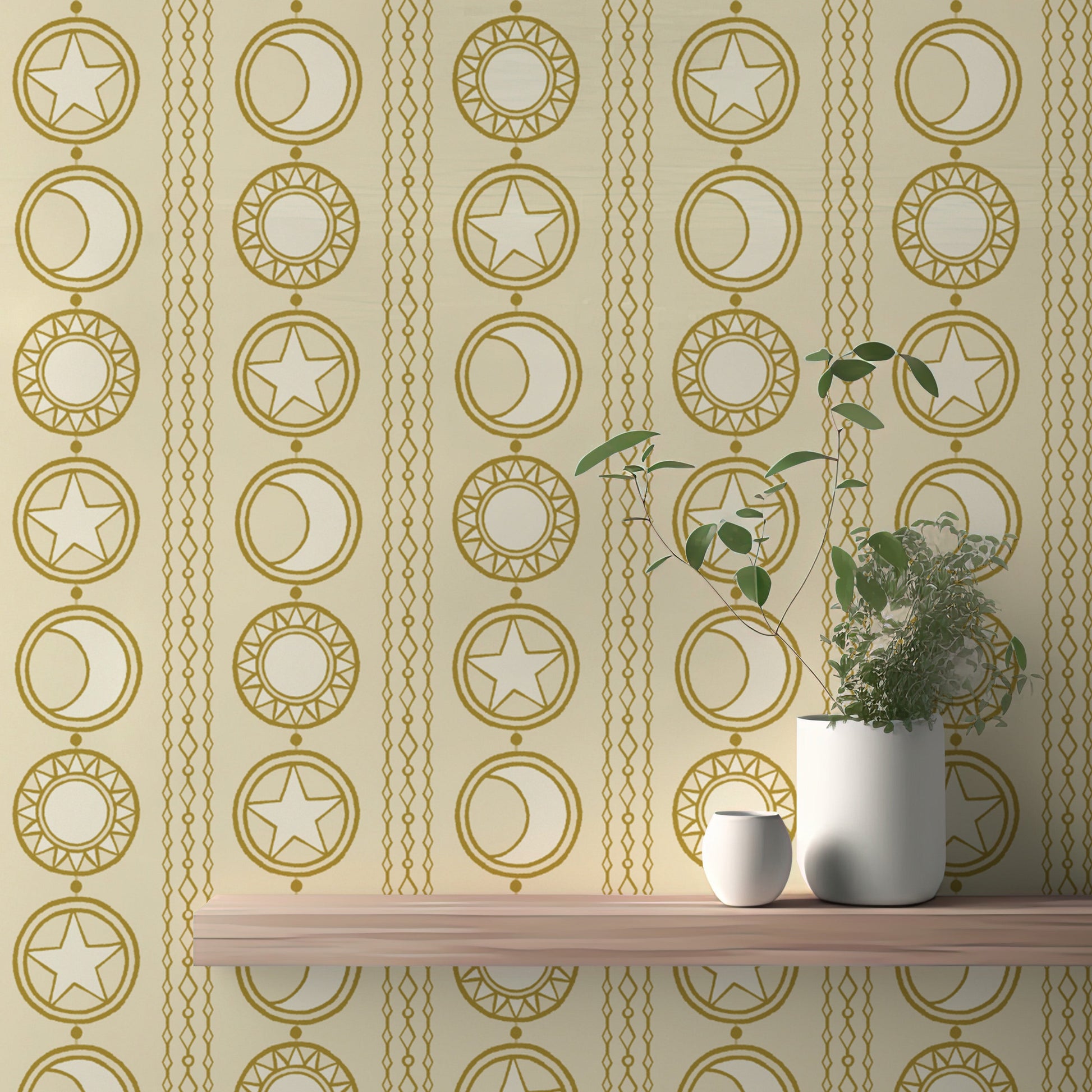 Stylish celestial medallions mural for a magical wall accent.
