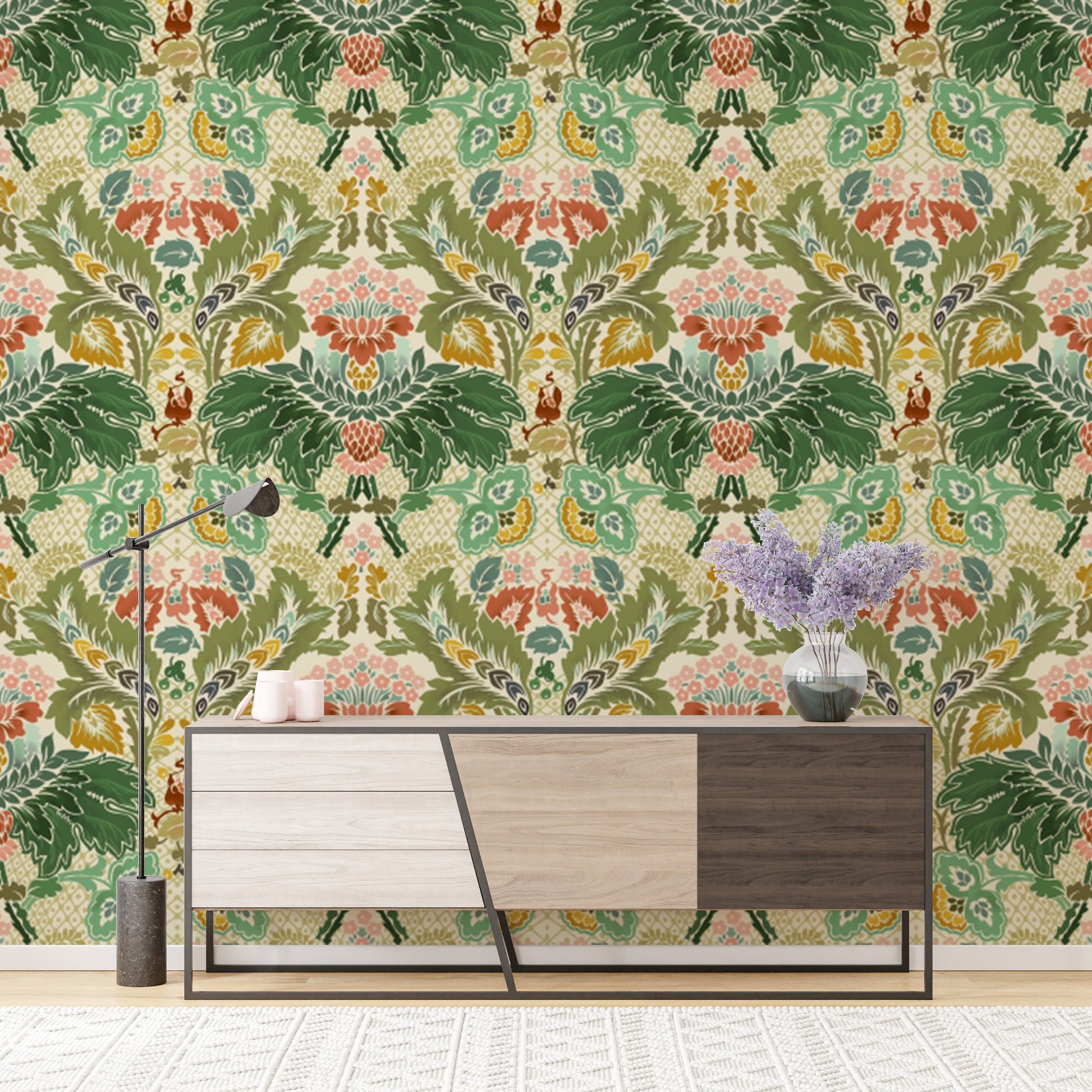 Stylish Victorian wallpaper with delicate ivory flower motifs.
