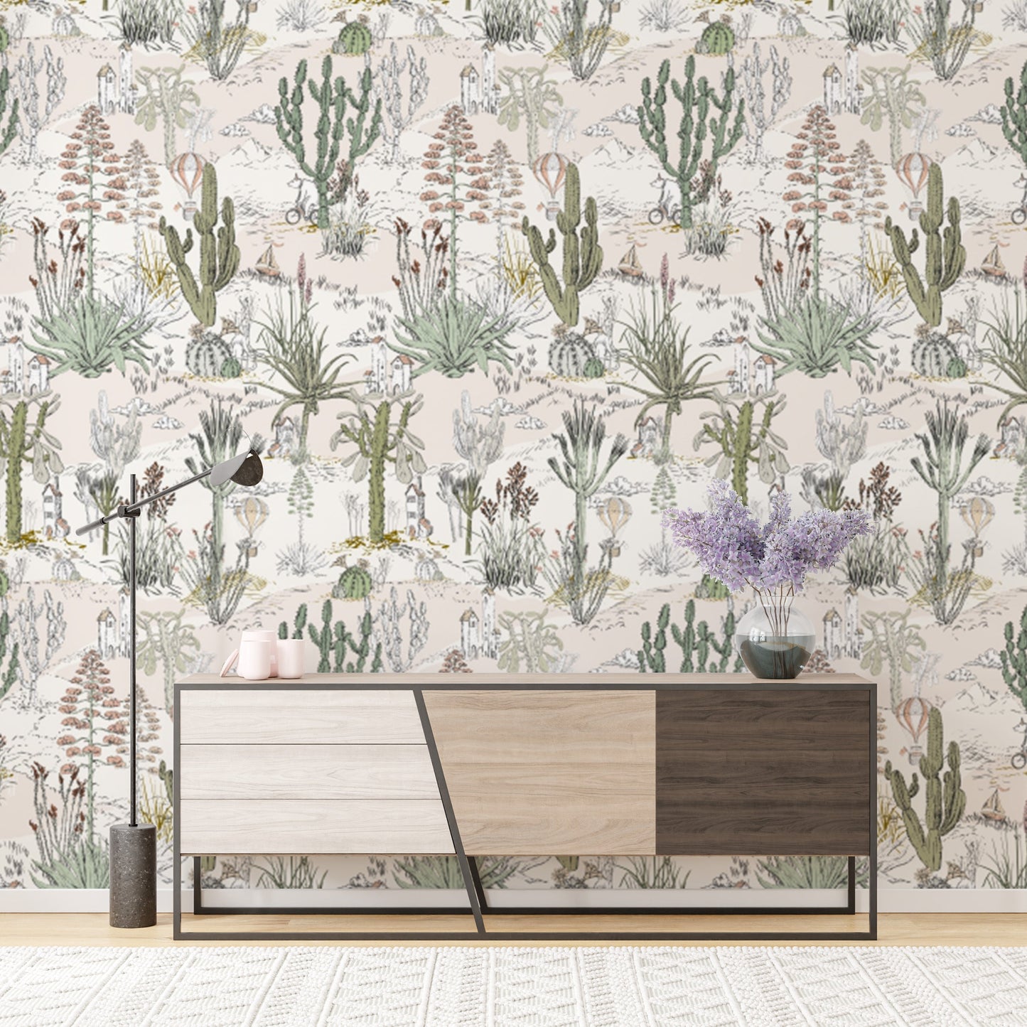 Dreamy cactus-themed wallpaper for enchanted interior spaces.