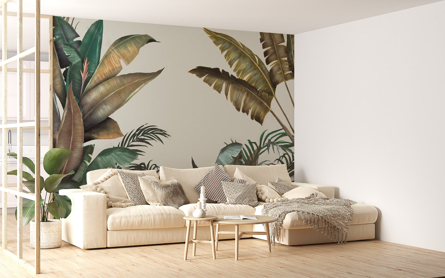 Green & Dusty Yellow Tropical Leaves Wallpaper Mural - Giffywalls