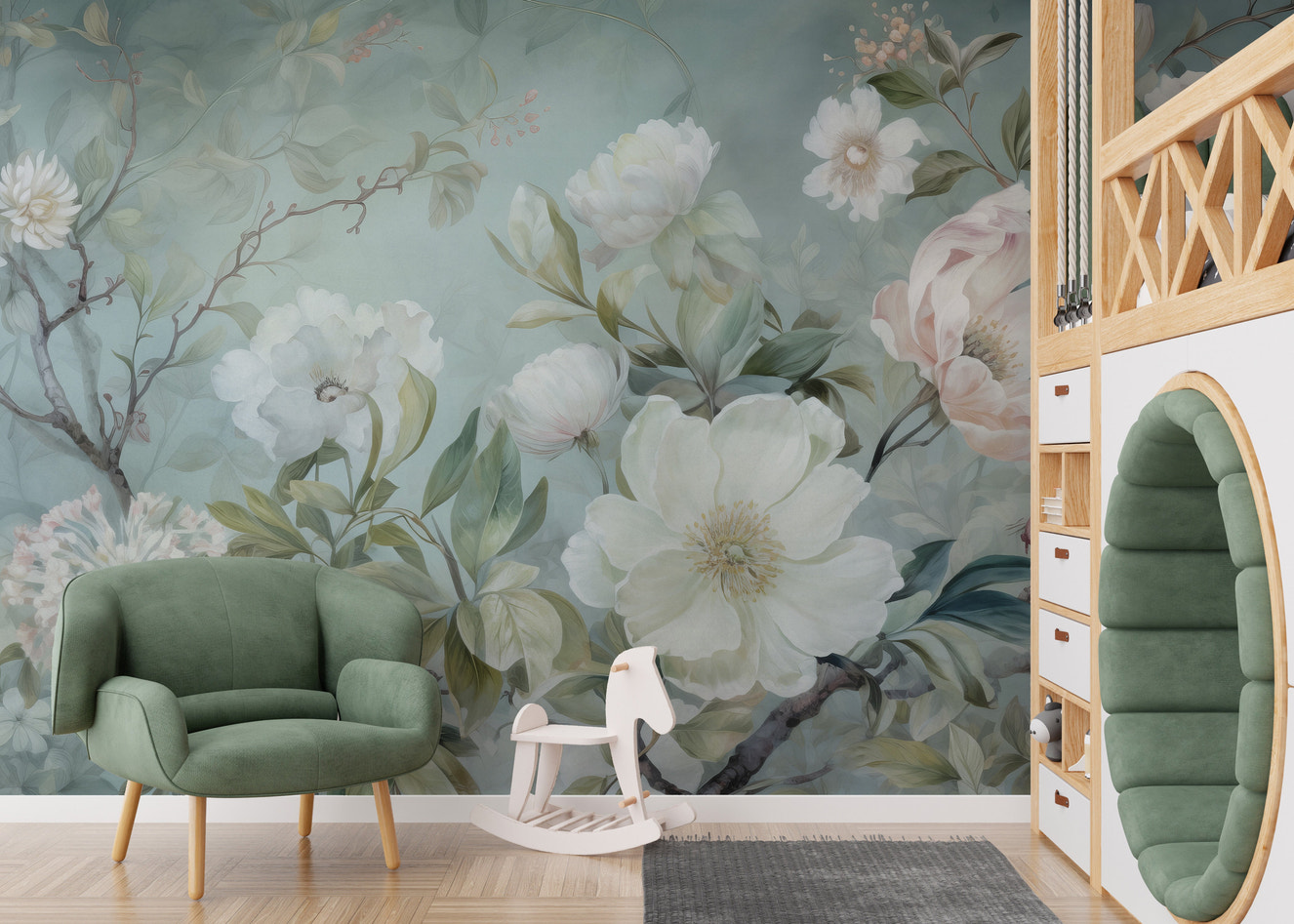 Blossom green floral wallpaper murals for a fresh, nature-inspired space.