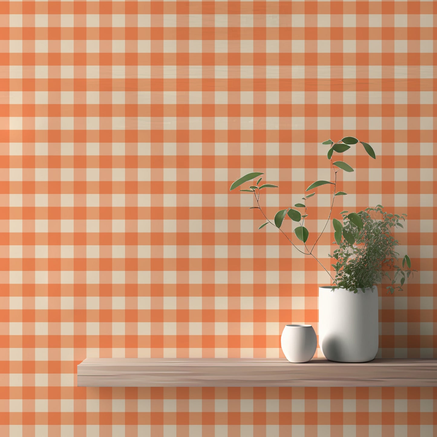 Whimsical peach gingham wallpaper for fresh and inviting walls.
