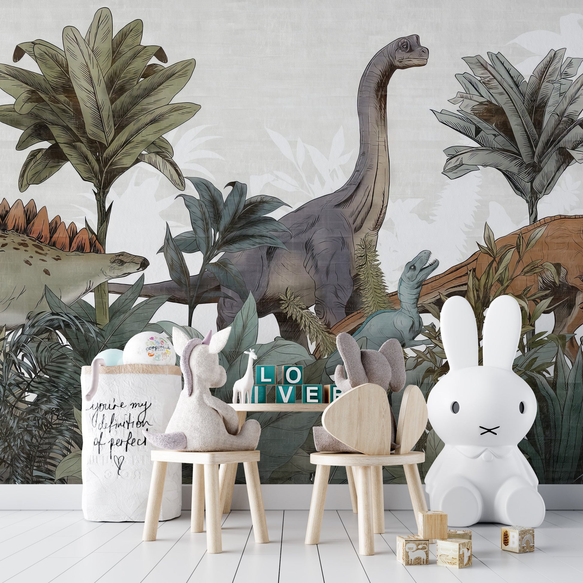 Vibrant dinosaur wallpaper for kids' spaces