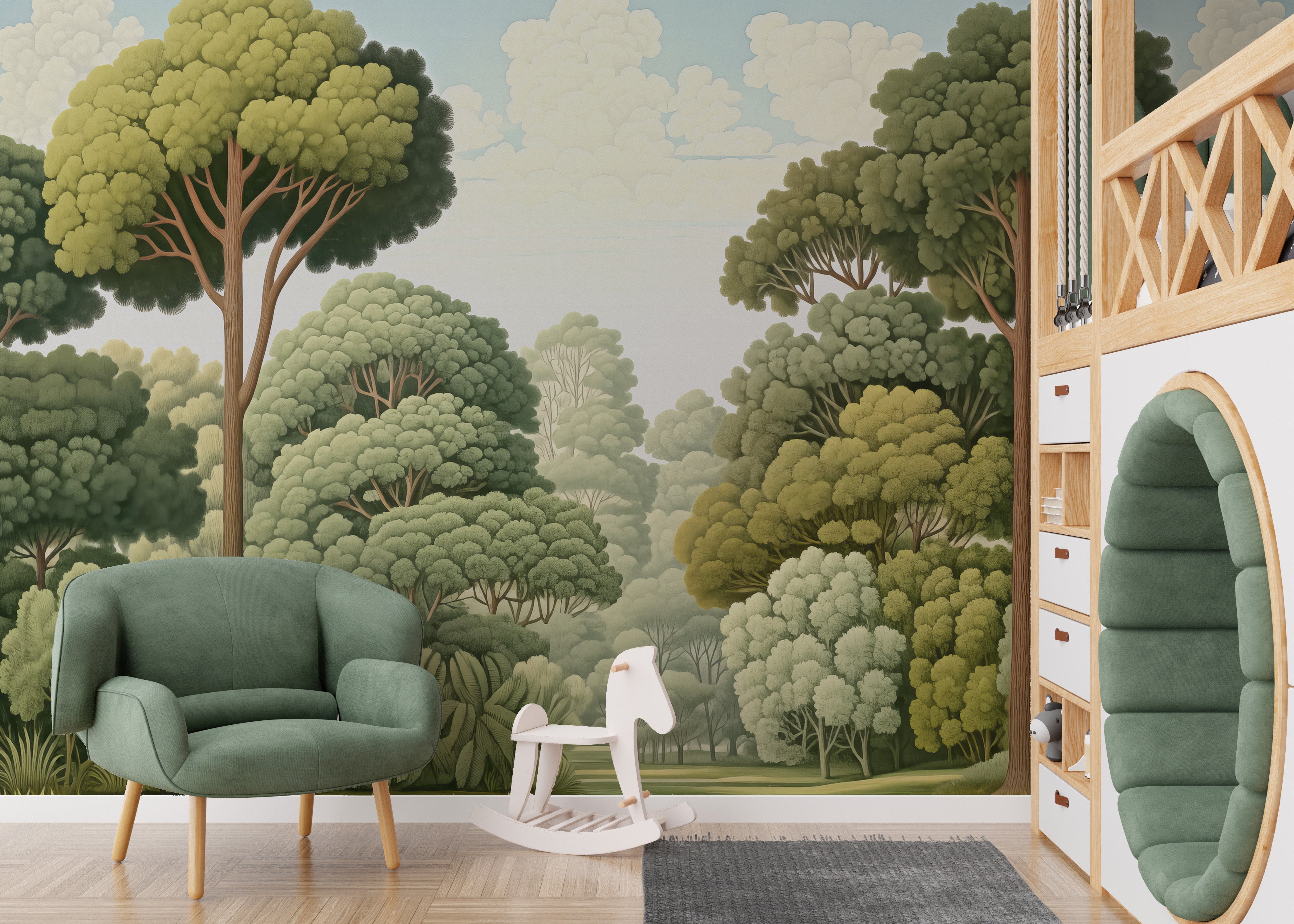 Green natural woodcut forest wallpaper for a rustic, nature-inspired room.
