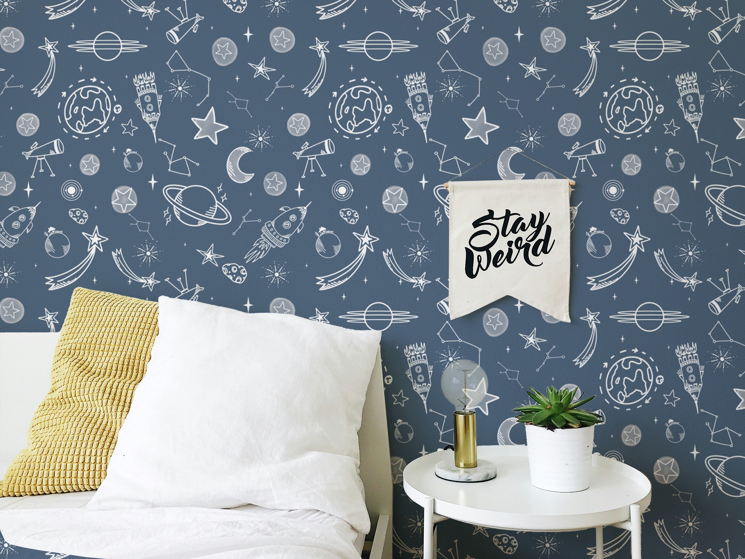 Space Voyage Blue Wallpaper for celestial-themed walls