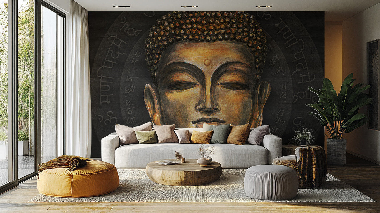 Golden Buddha with mantra halo mural
