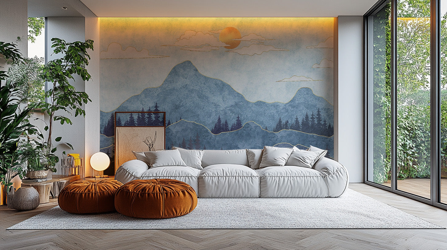 Scenic Watercolor Blue Mountain Wall Mural Design