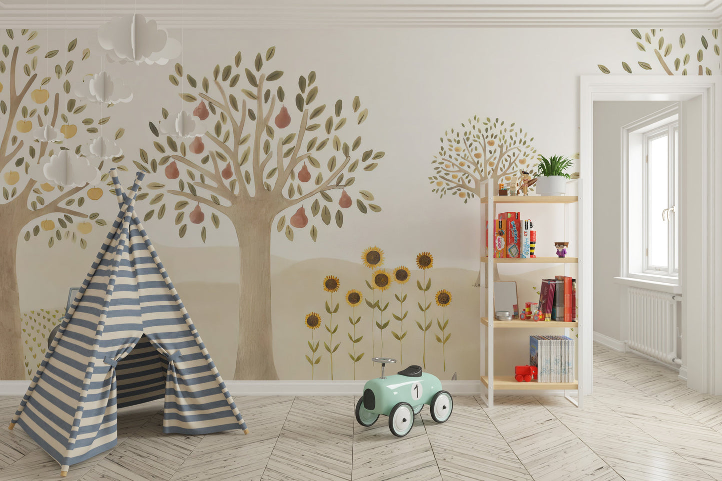 Nature-inspired countryside whimsy mural for nursery