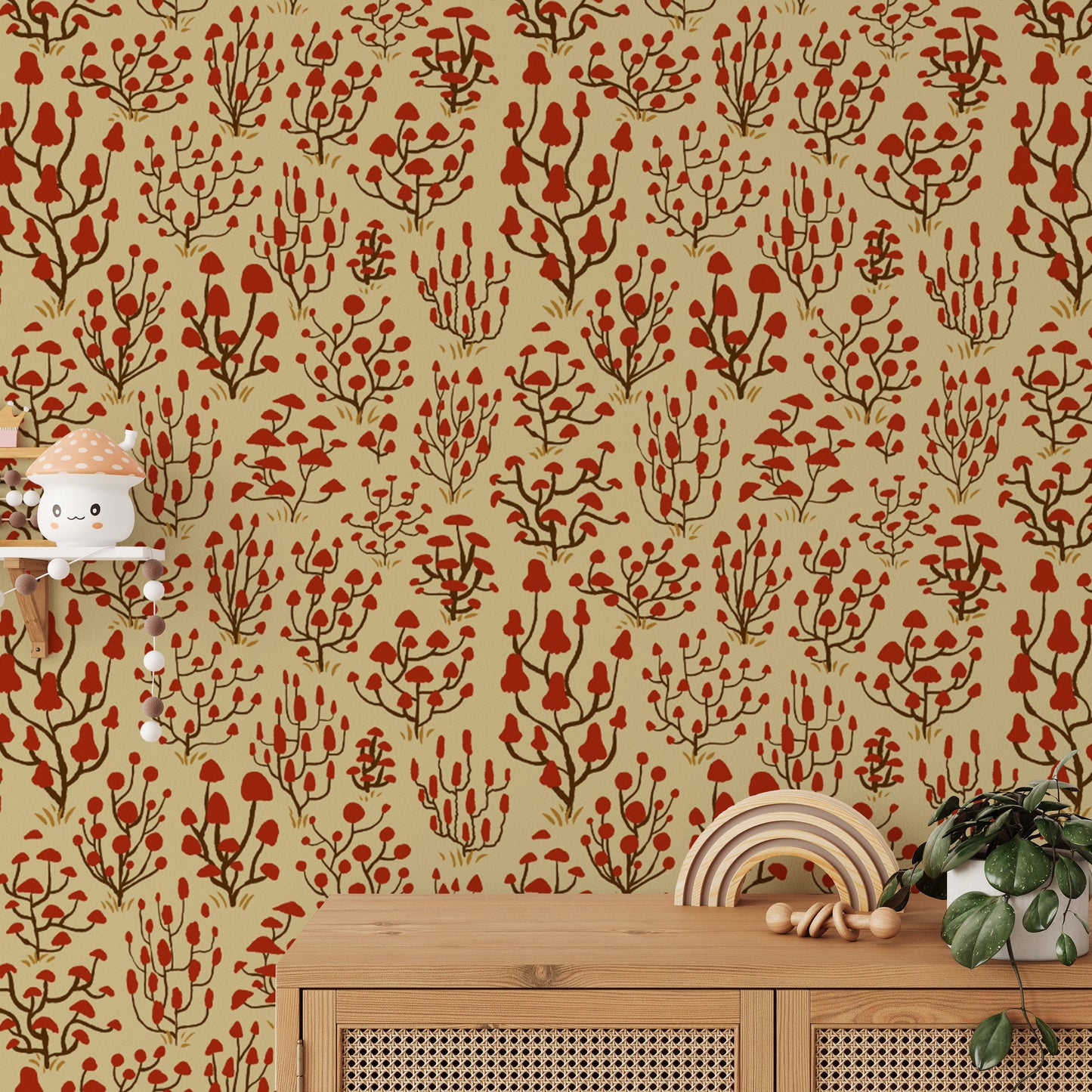 Sophisticated ditsy mushroom wallpaper in red for stylish accents.
