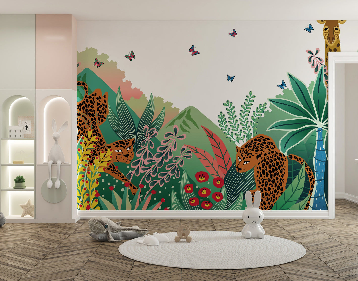 Tropical wildlife mural with giraffe design
