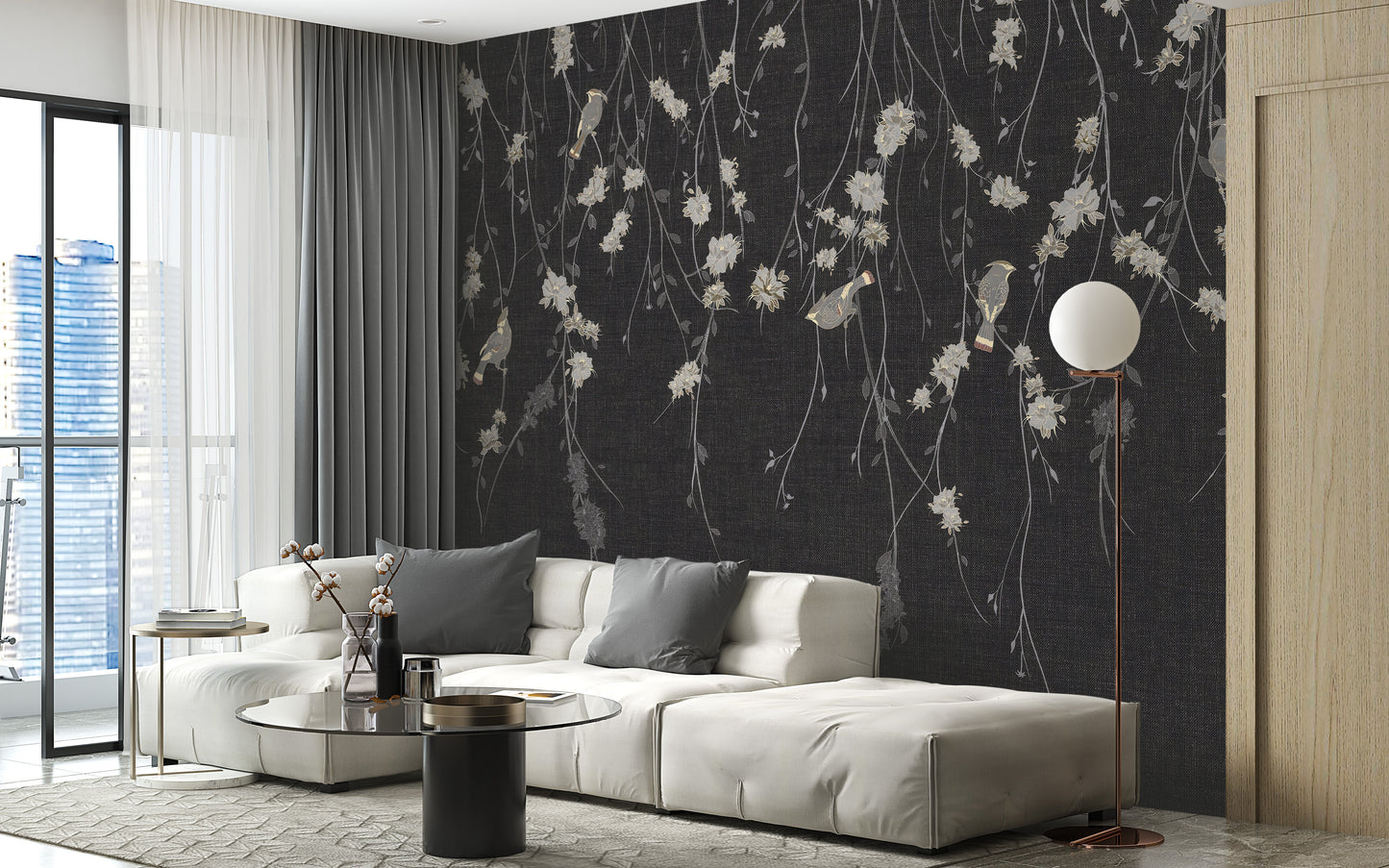 Beautiful Dark Black Flowers & Birds Wallpaper Mural - Giffywalls