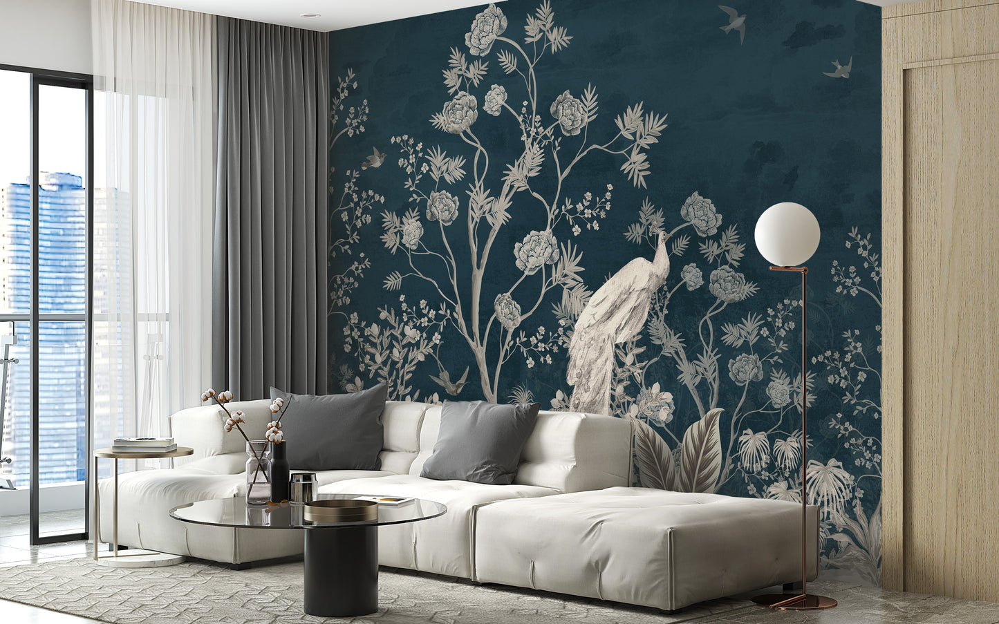 Artistic Natural Green & Blue Tropical Peacocks Wallpaper Mural - Giffywalls