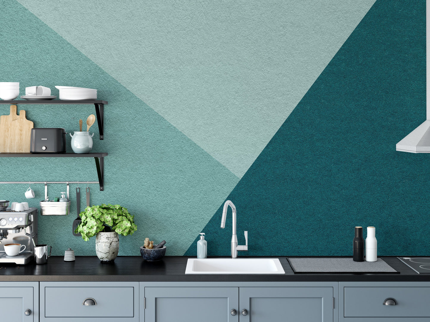 Bold geometric mural with teal and cyan hues for kitchen
