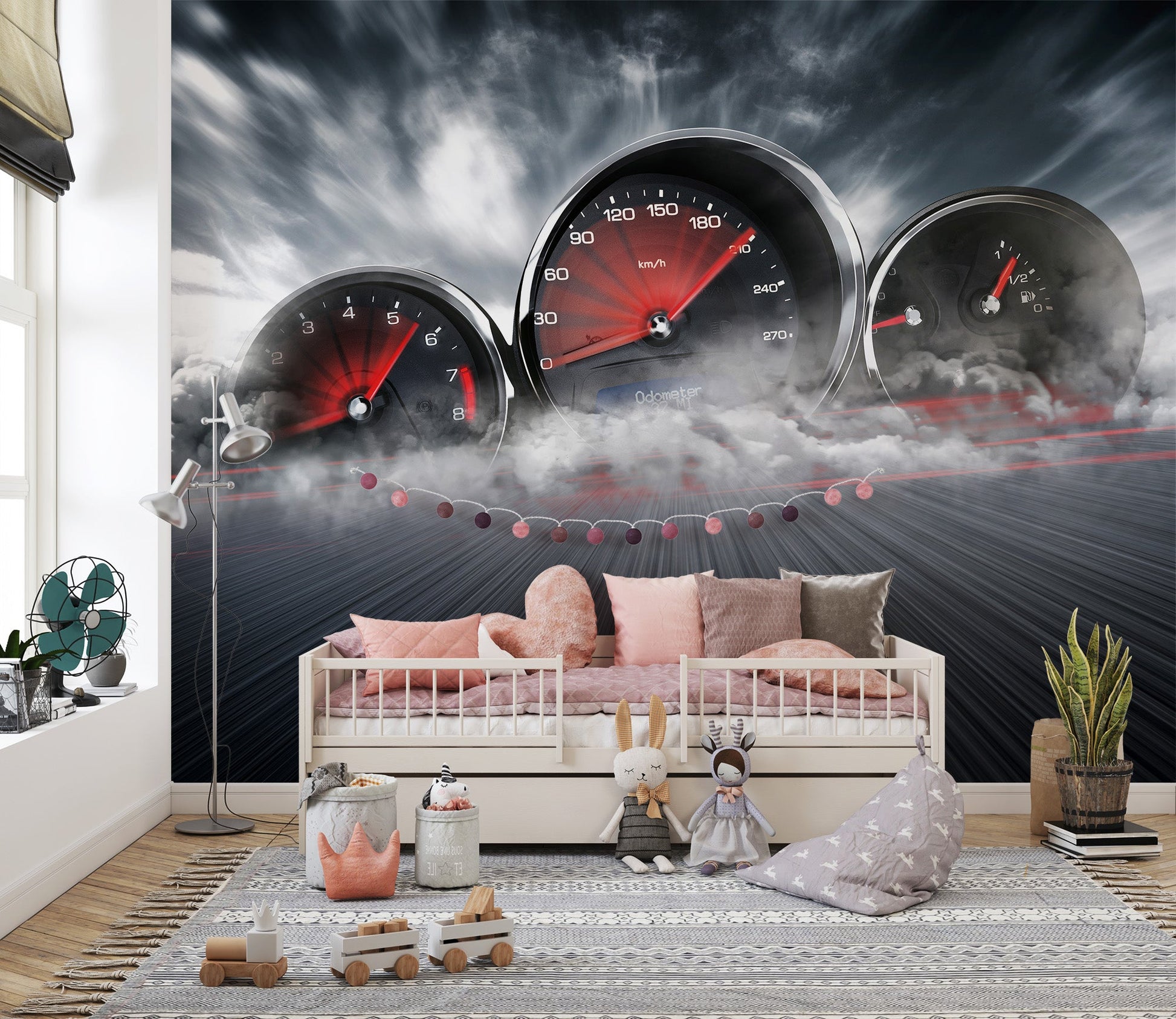 Dynamic car dashboard wall mural design
