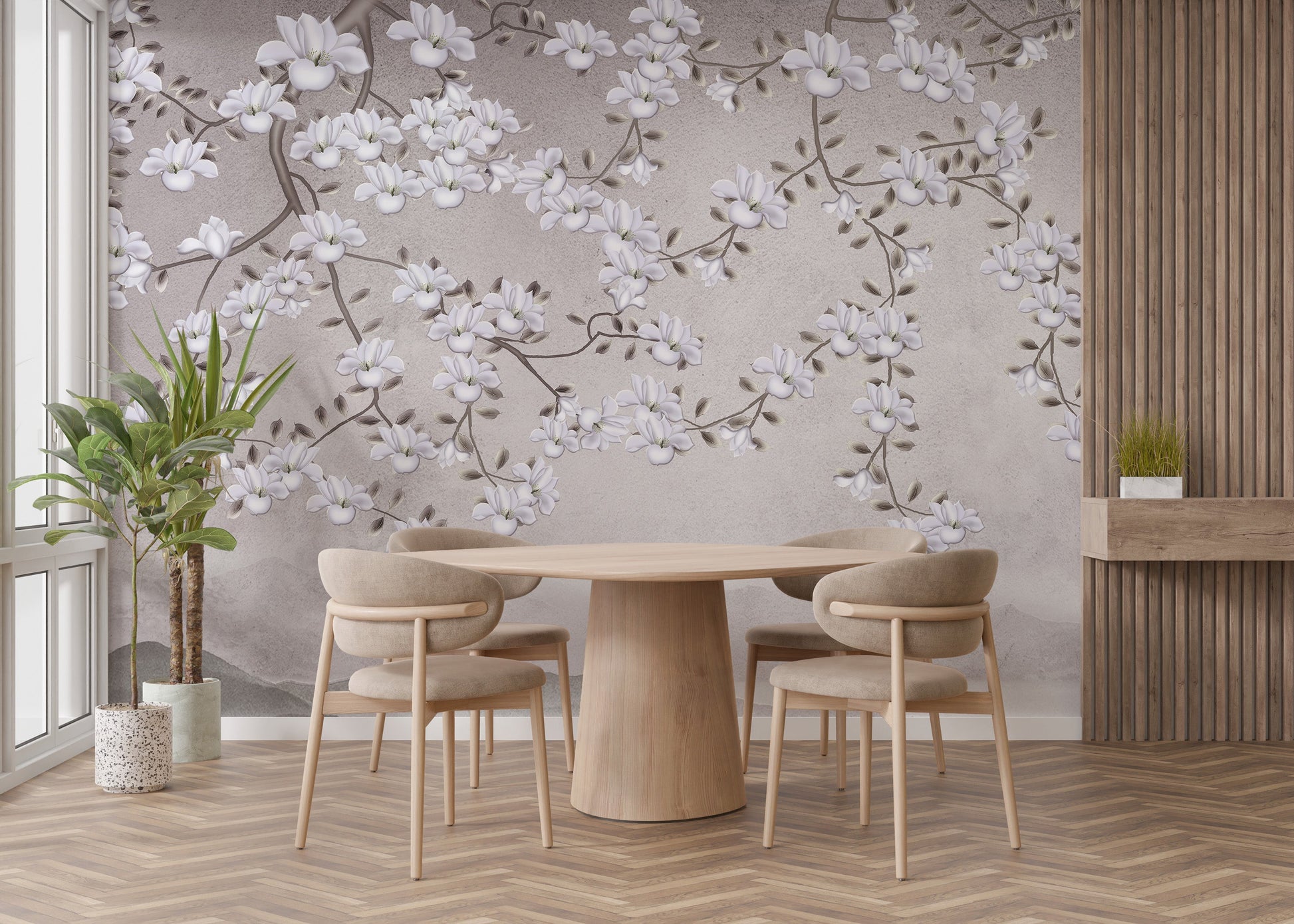 White floral branches wall mural decor
