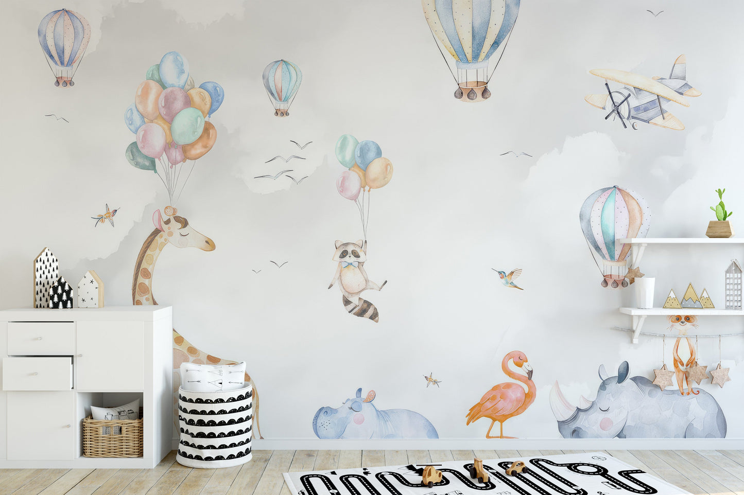 Nursery mural with hot air balloons theme
