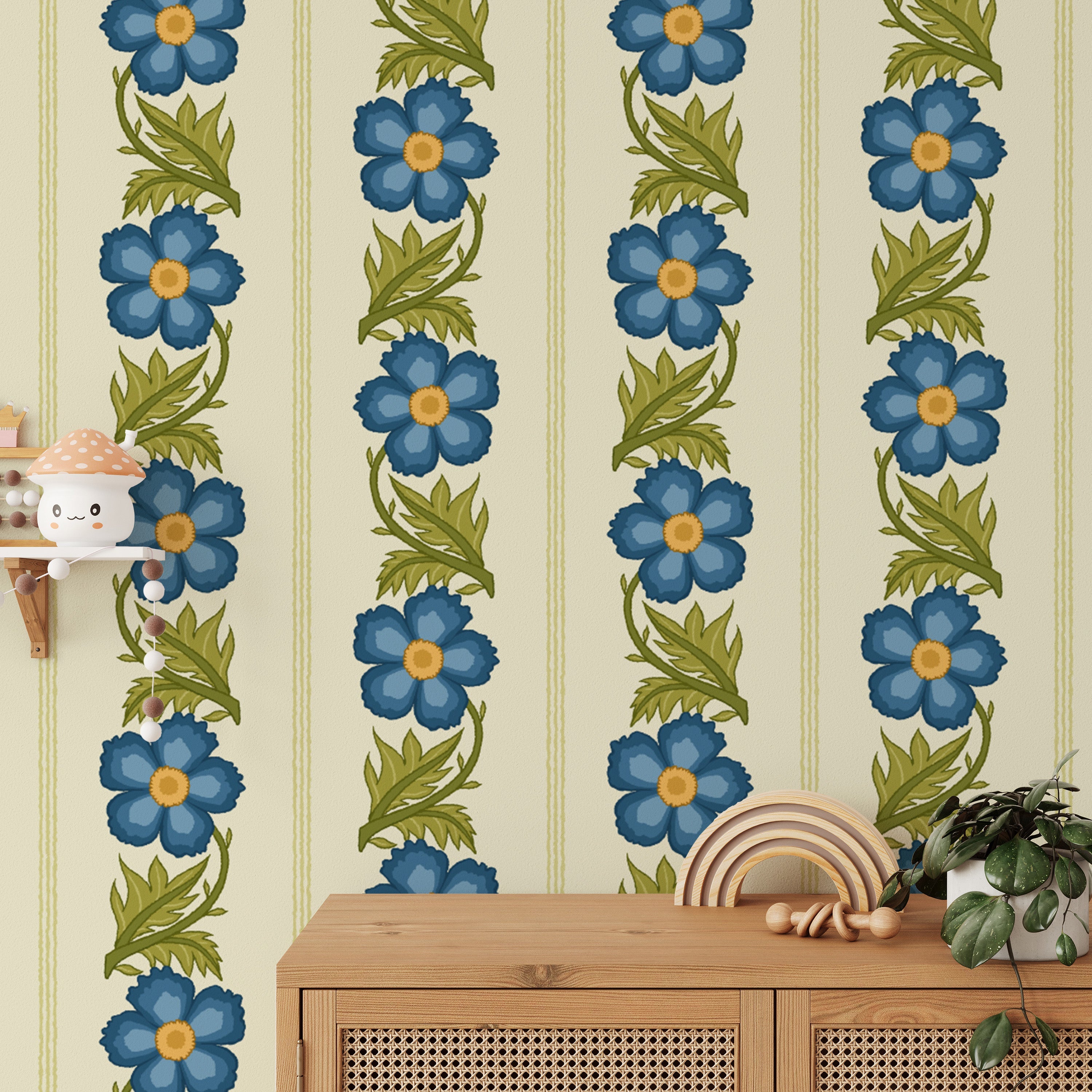 Delicate floral stripe wallpaper in blue for a serene ambiance.
