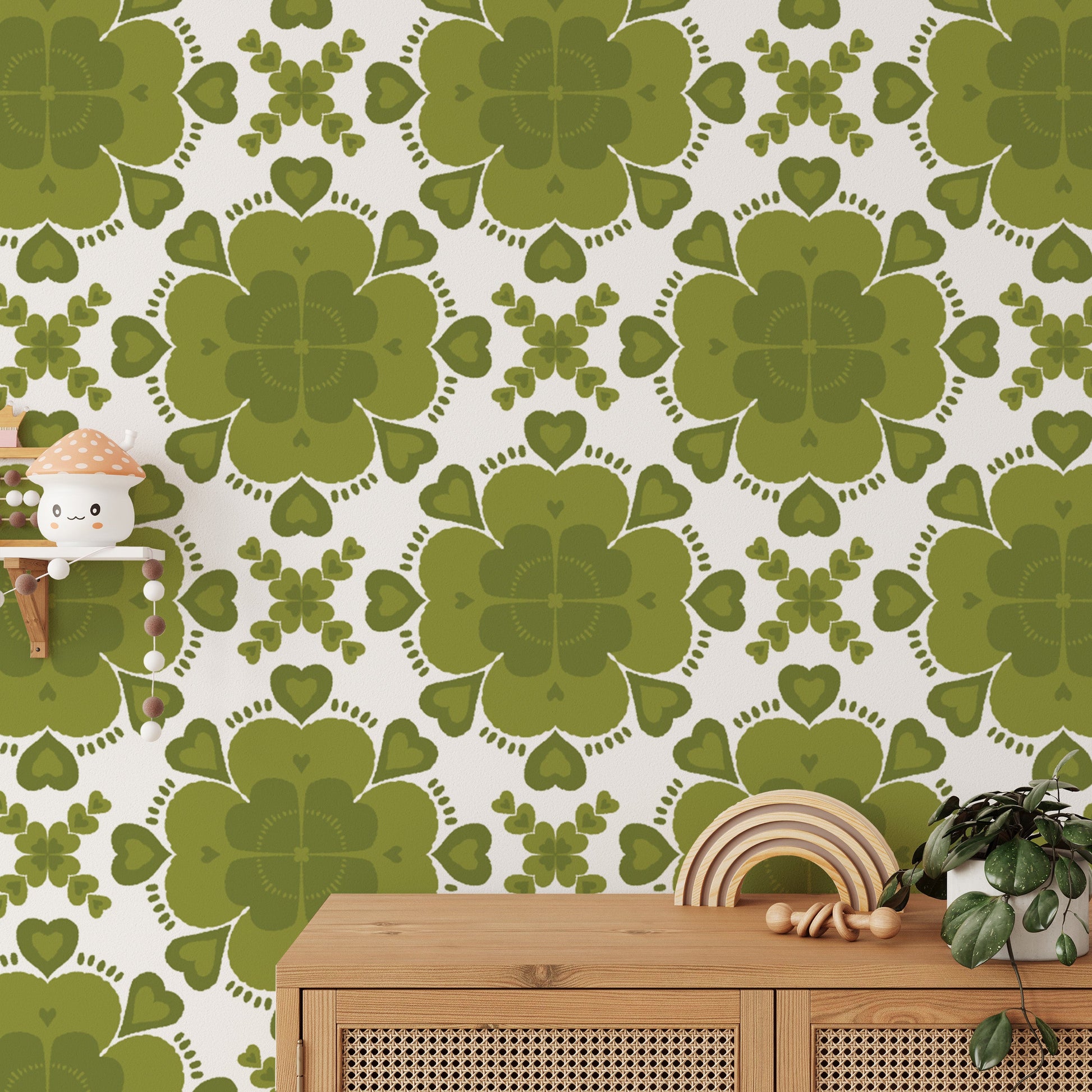 Trendy green clover wallpaper for contemporary decor styles.
