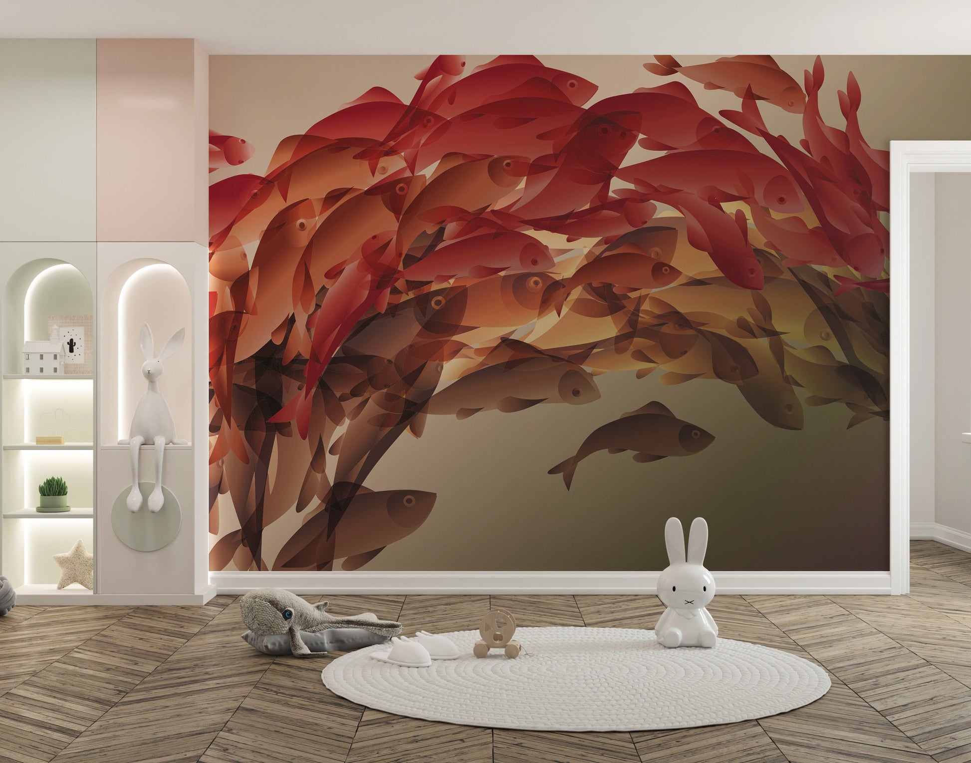 Serene koi fish mural with layered design
