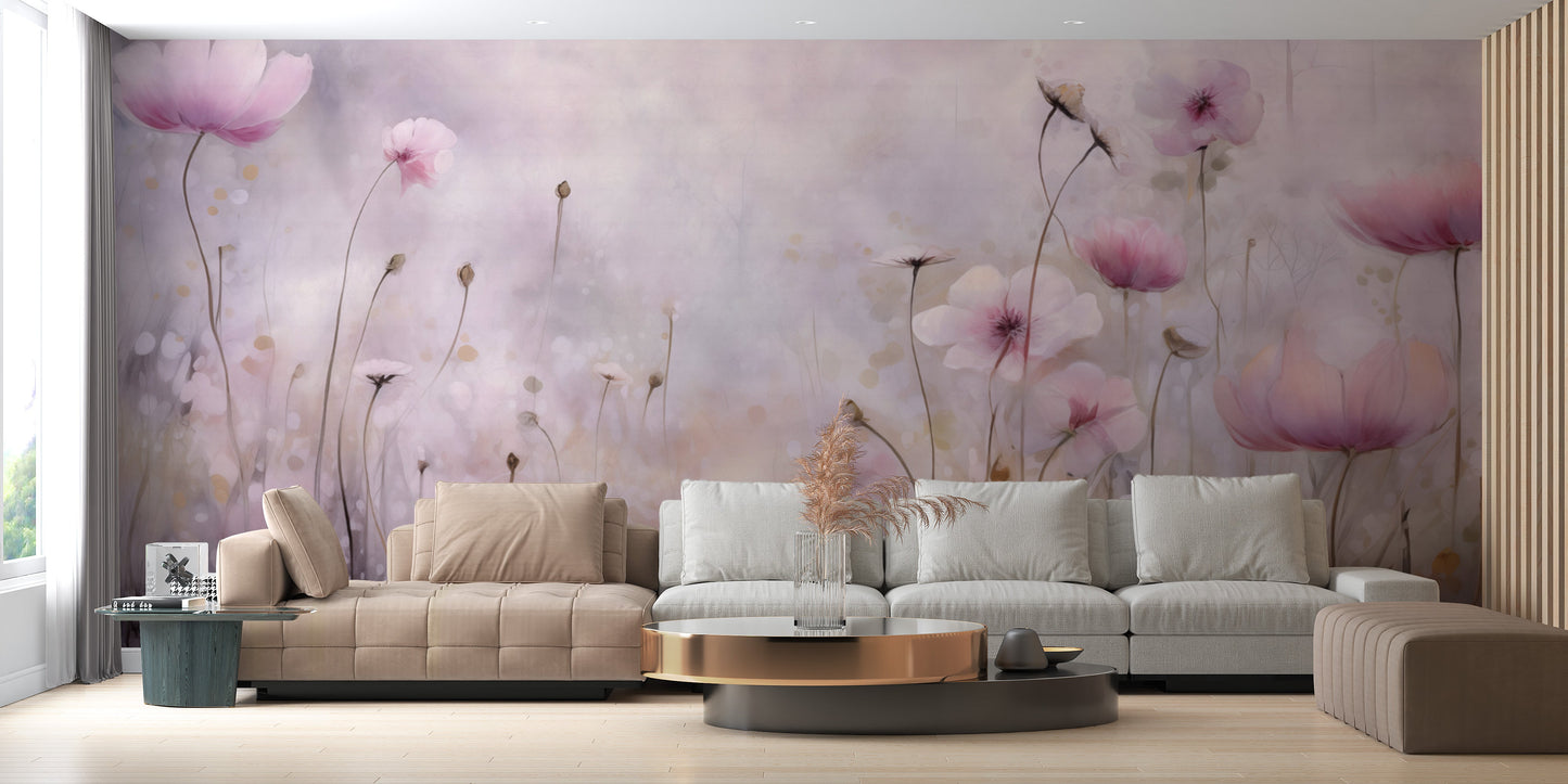 Soft and elegant pink water poppies wallpaper for a tranquil space.