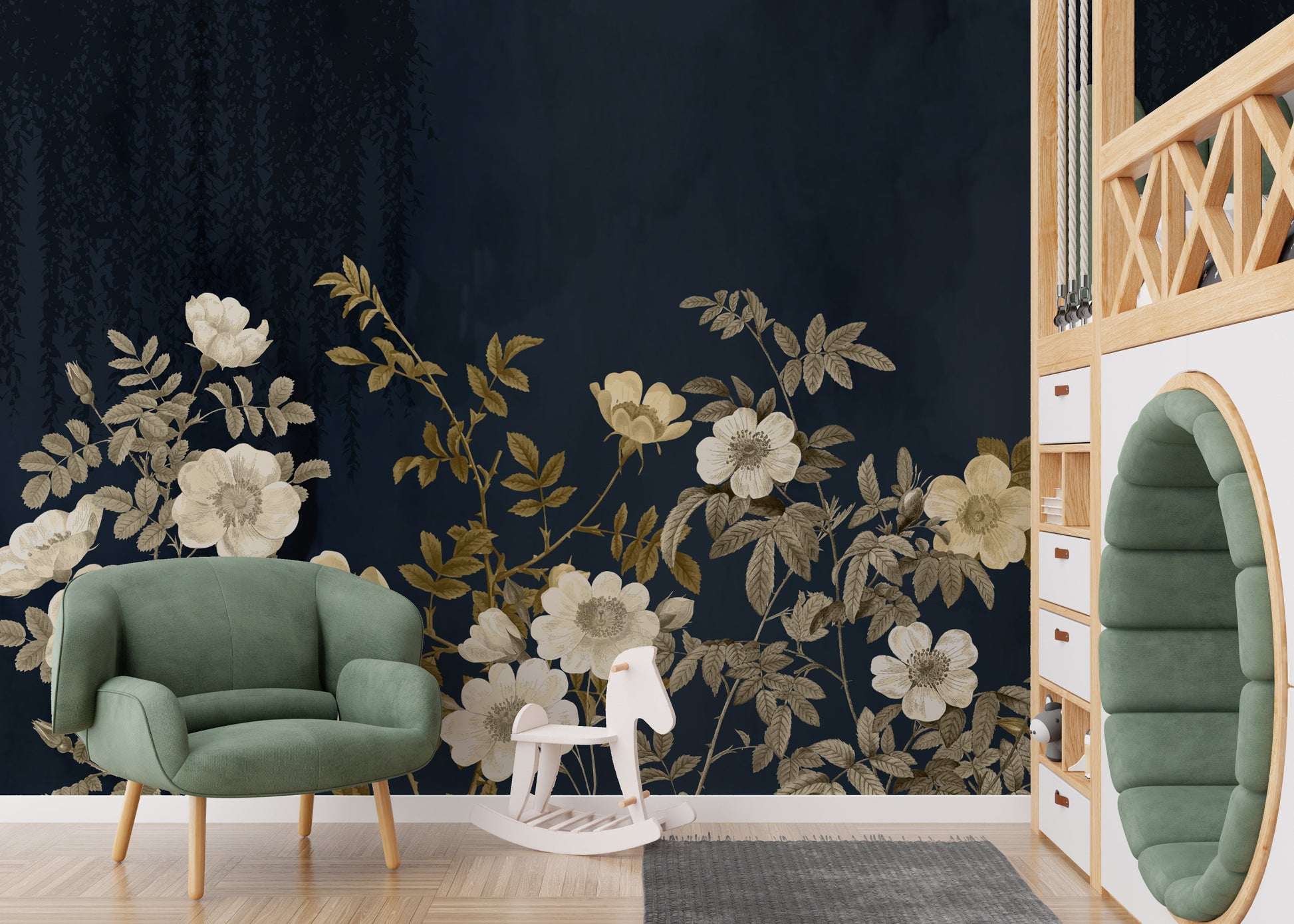 Luxurious gold floral design wallpaper on deep midnight tones.
