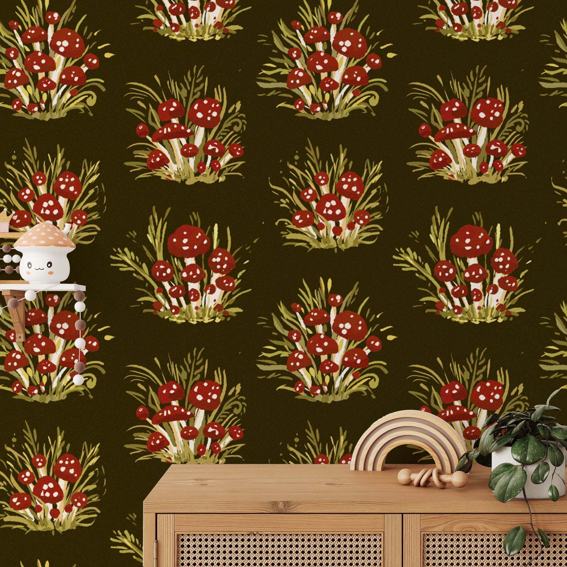 Whimsical dark mushroom millefleurs wallpaper for playful interiors.
