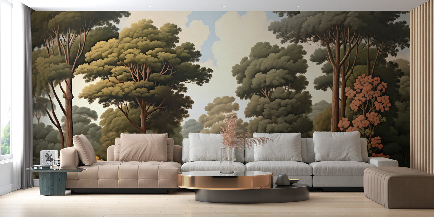 Forest Woodcut Green Nature Wallpaper Murals - Giffywalls