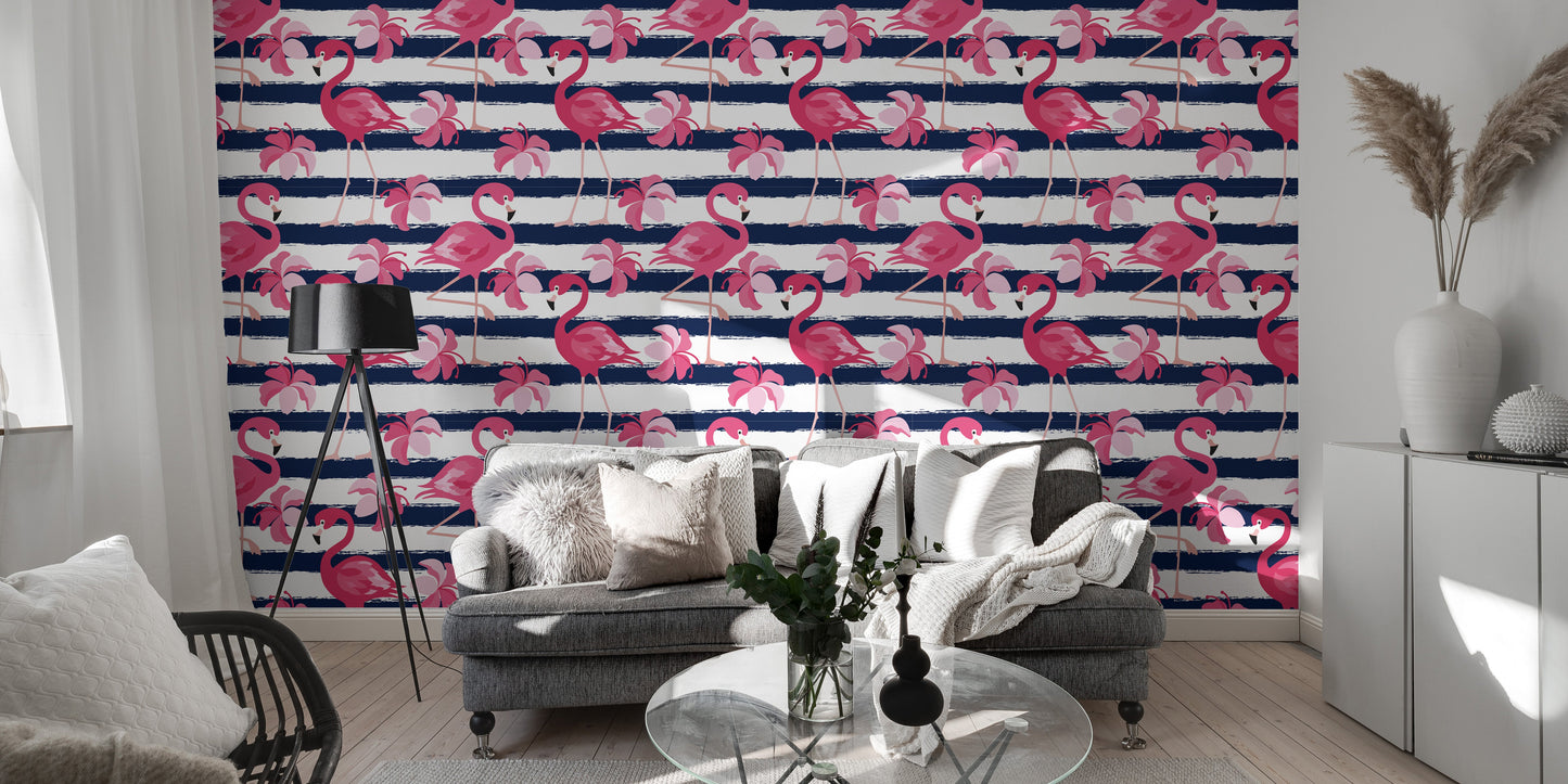 Blue Stripes & Pink Flamingo Wallpaper - Giffywalls