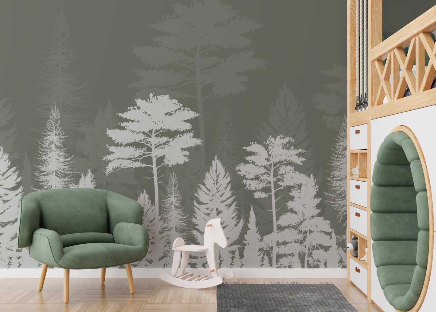 Mystic woods mural wallpaper with a dreamy shadow effect.
