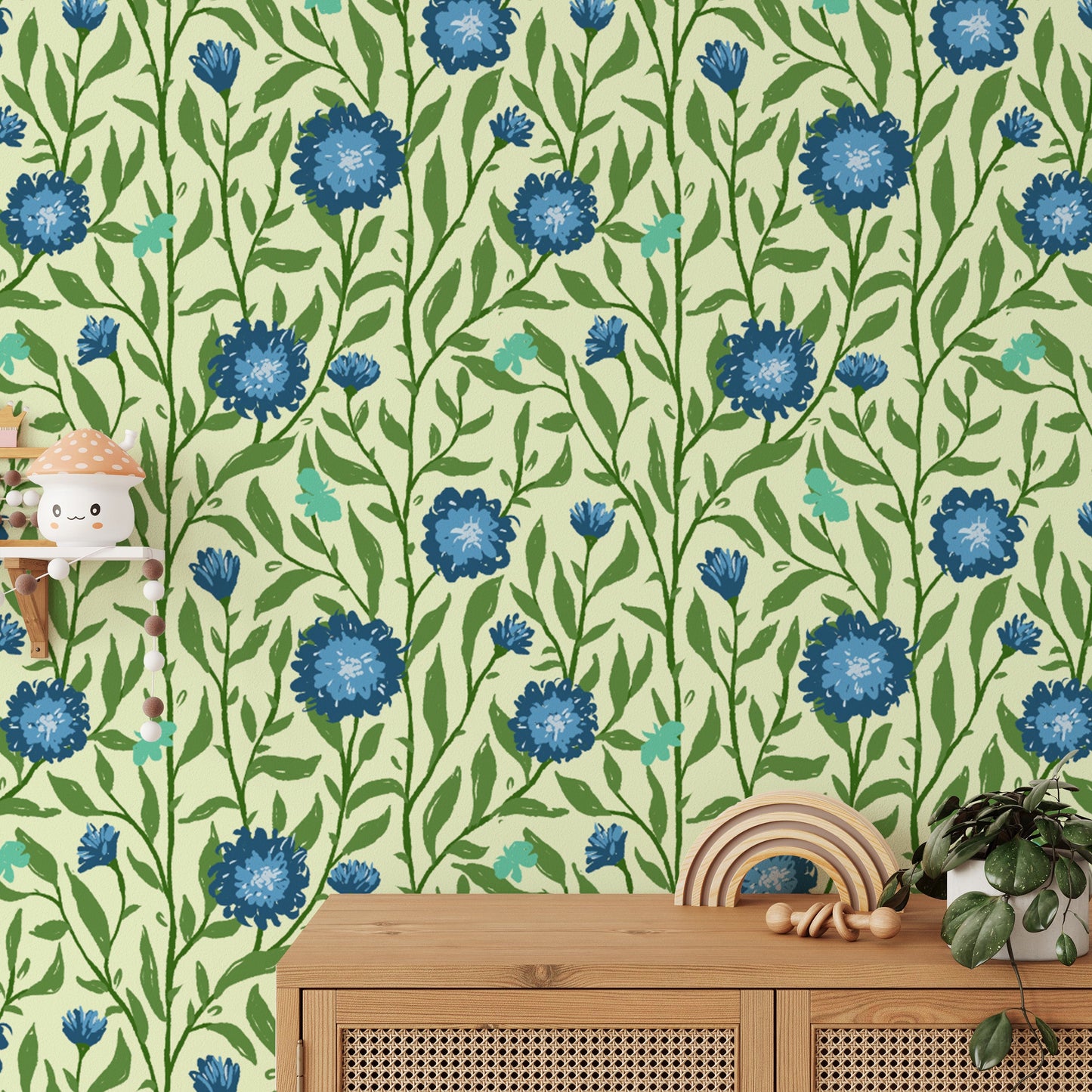 Serene spring trellis light blue wallpaper for a calming ambiance.
