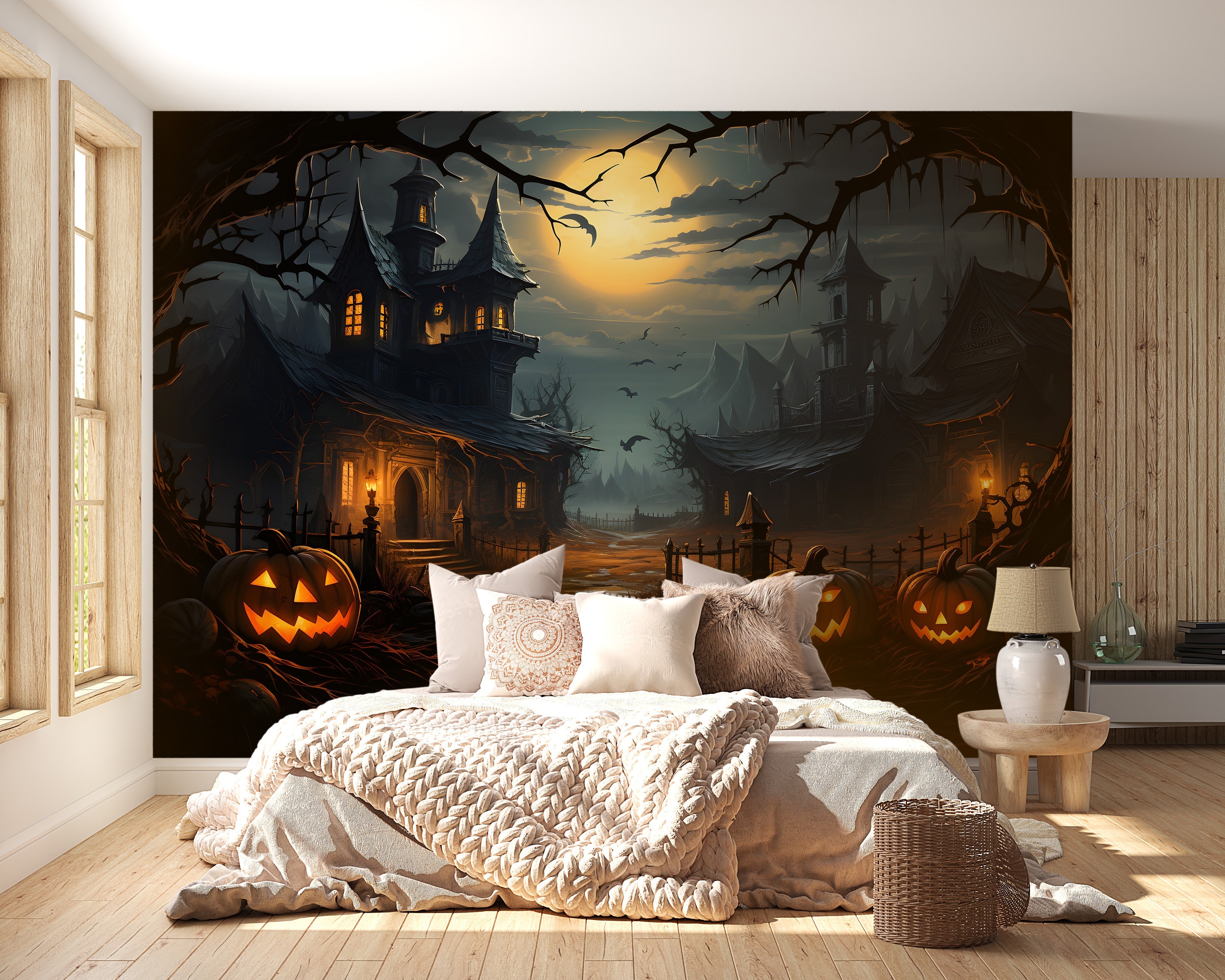 Eerie night scene wallpaper with pumpkins
