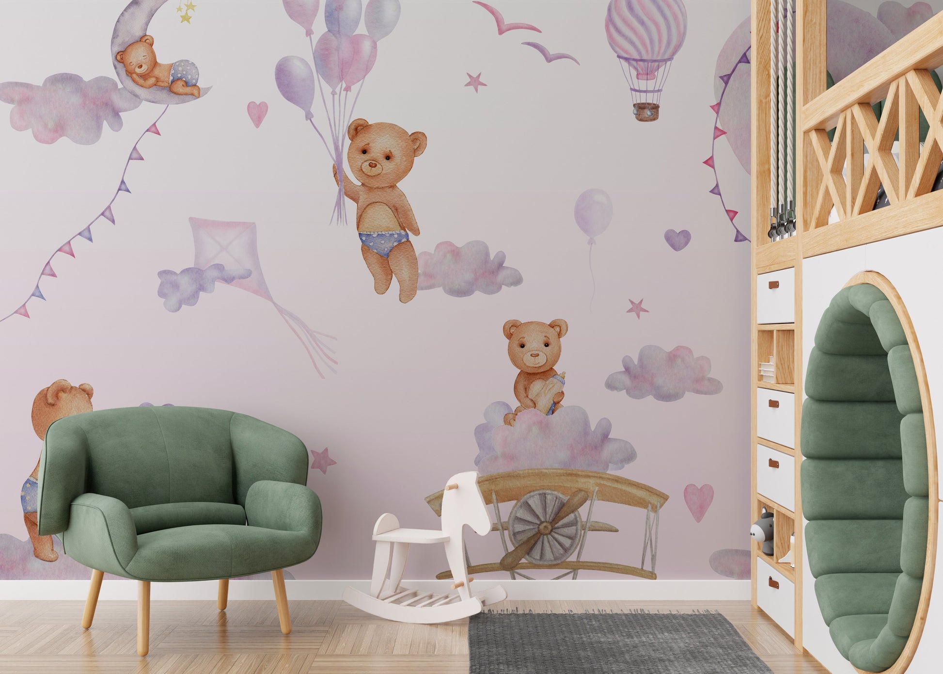 Bouncy Bear Sky Journey Mural peel and stick wallpaper