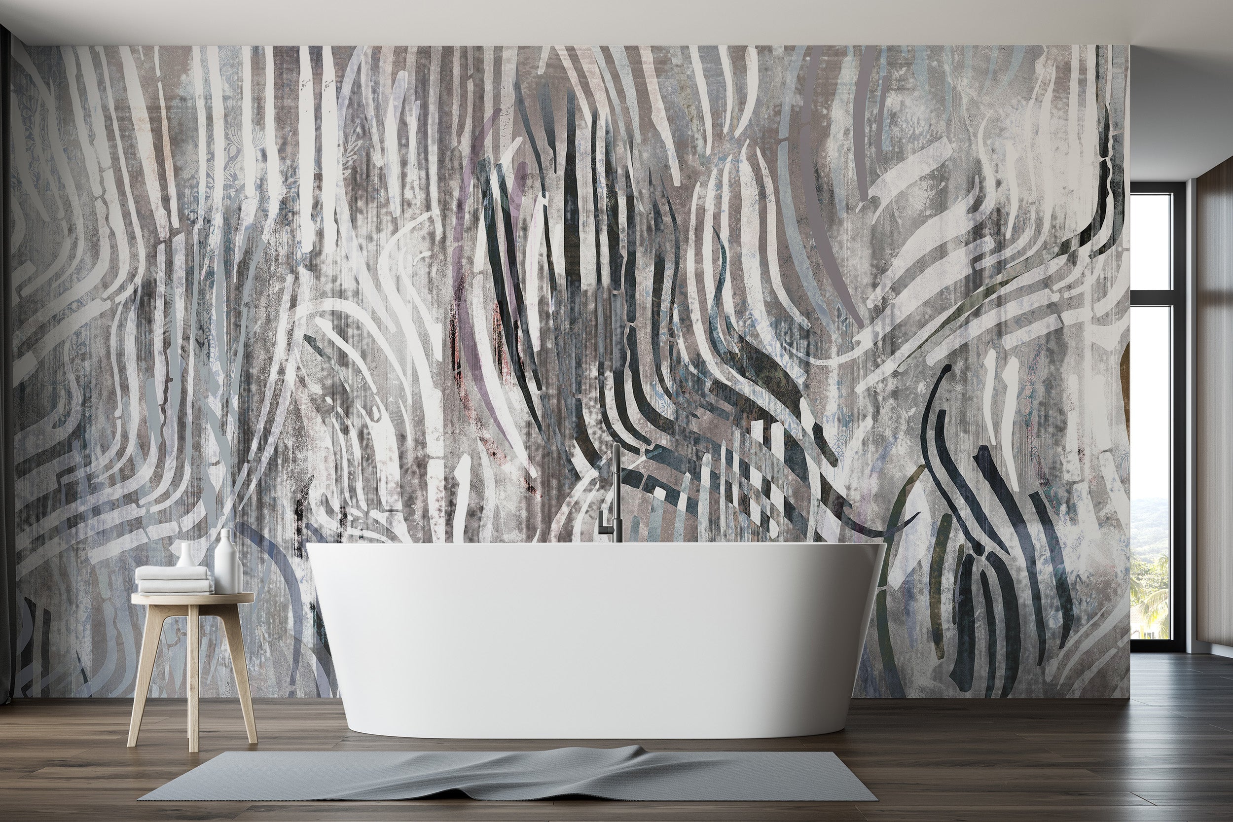 Modern abstract wallpaper adds a sleek touch to the bathroom