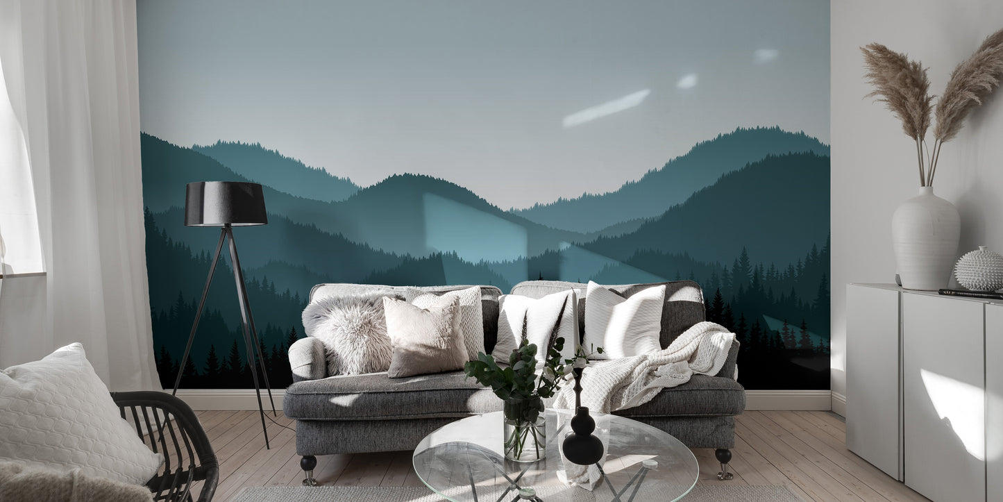 Misty dark forest and mountains mural
