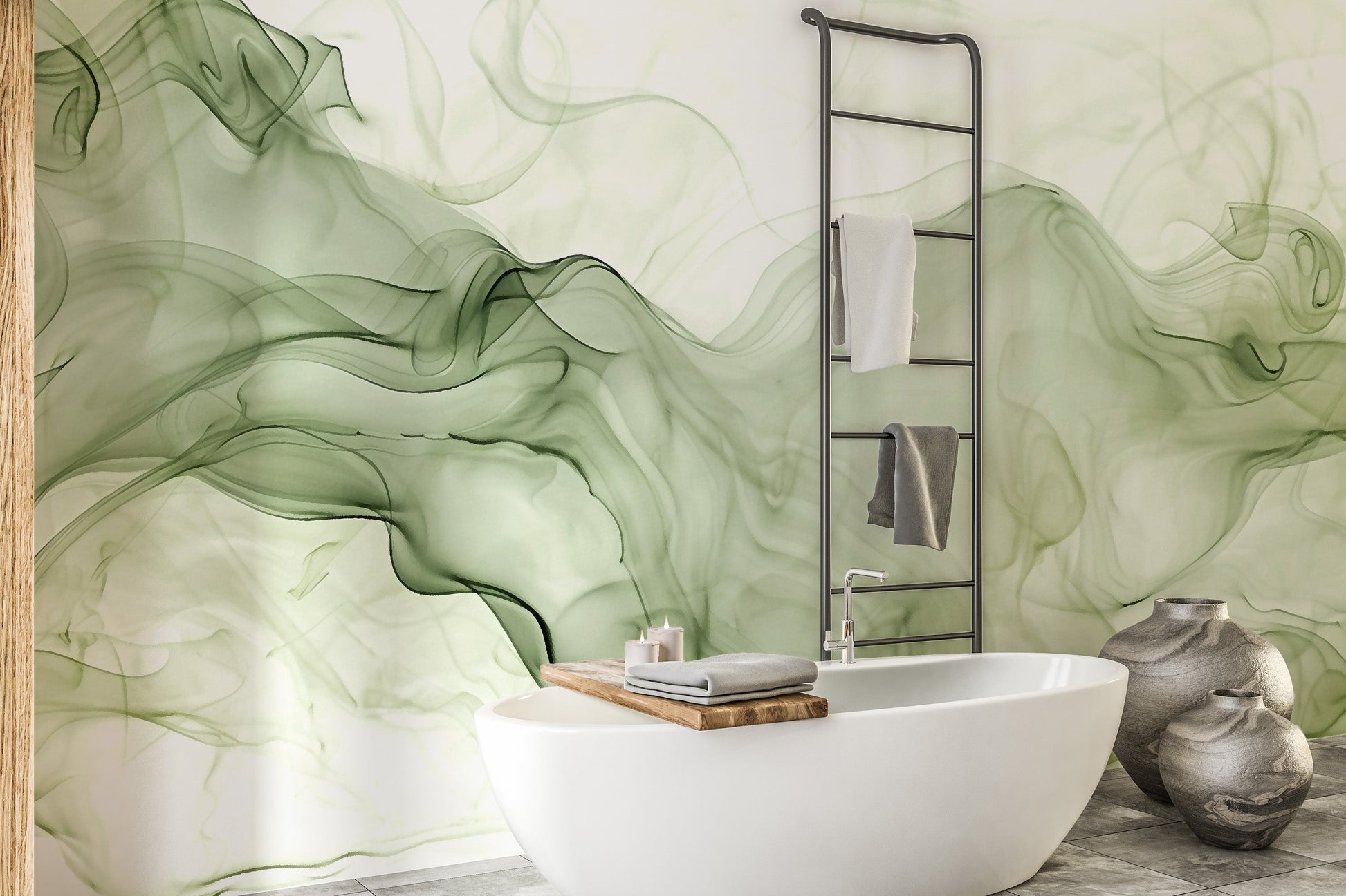 Green Watercolor Ink Bathroom Wallpaper Mural