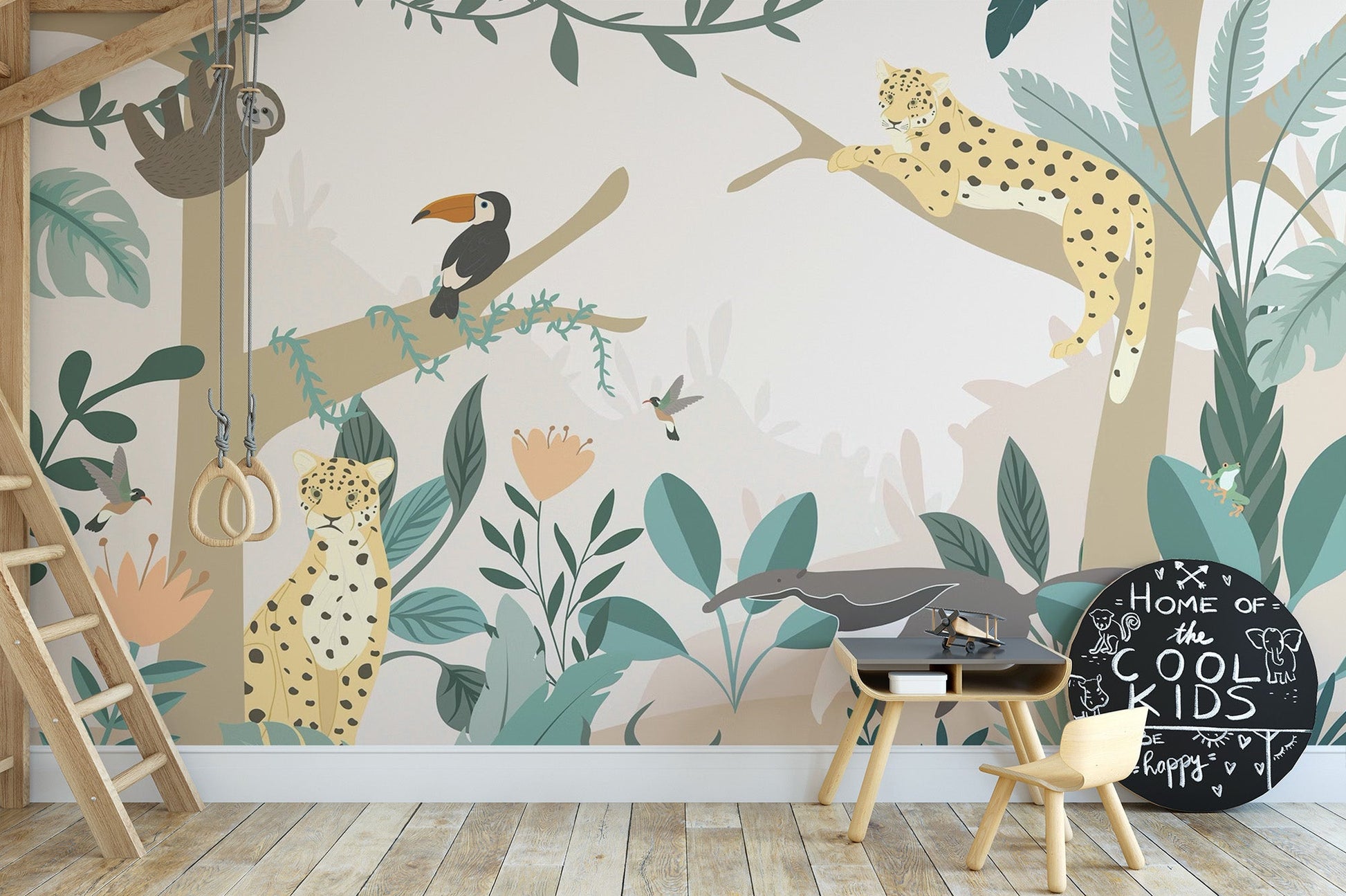 Jungle-themed mural creates a magical nursery ambiance