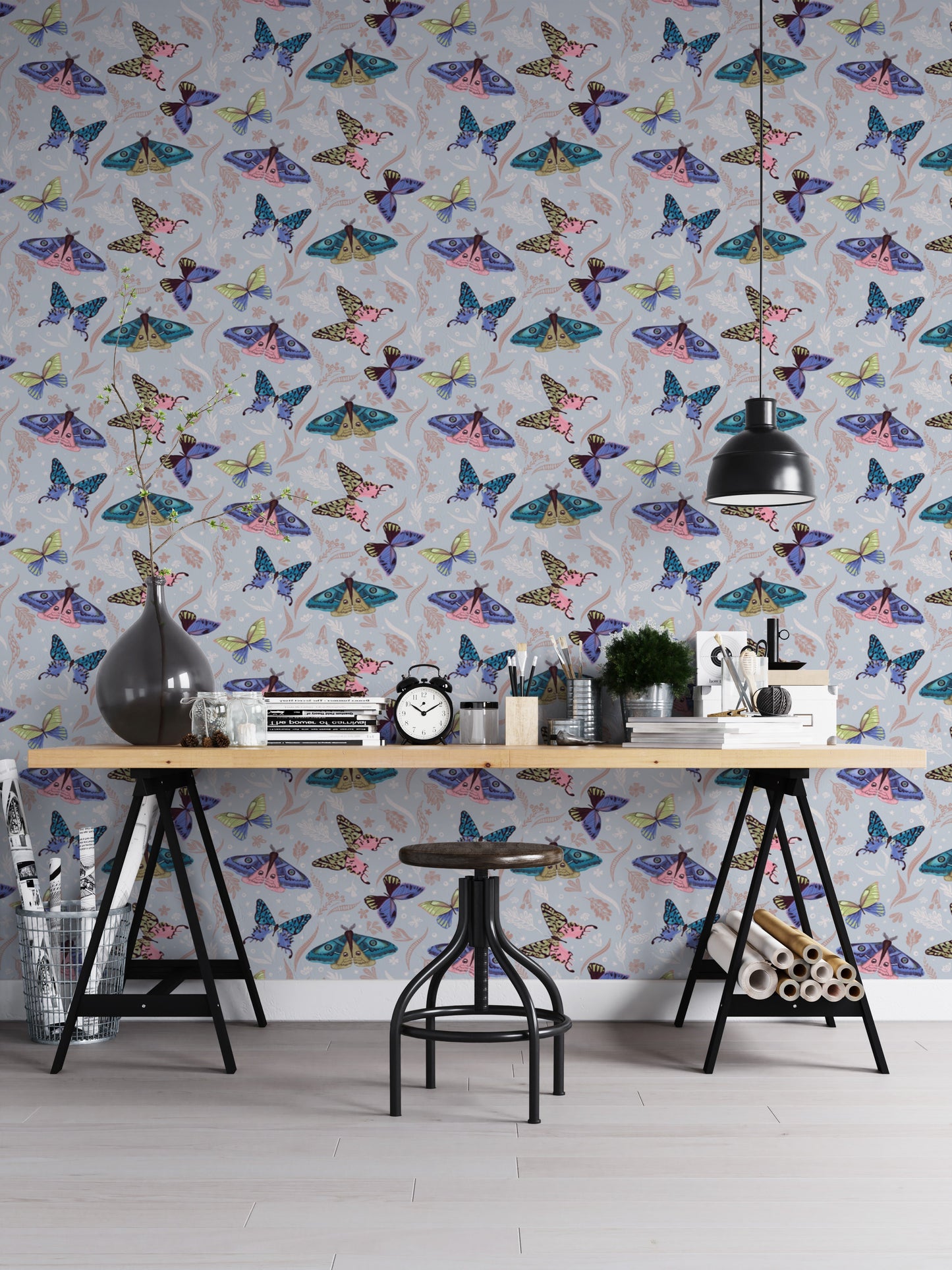 Nature-inspired wallpaper mural with bright butterfly patterns.
