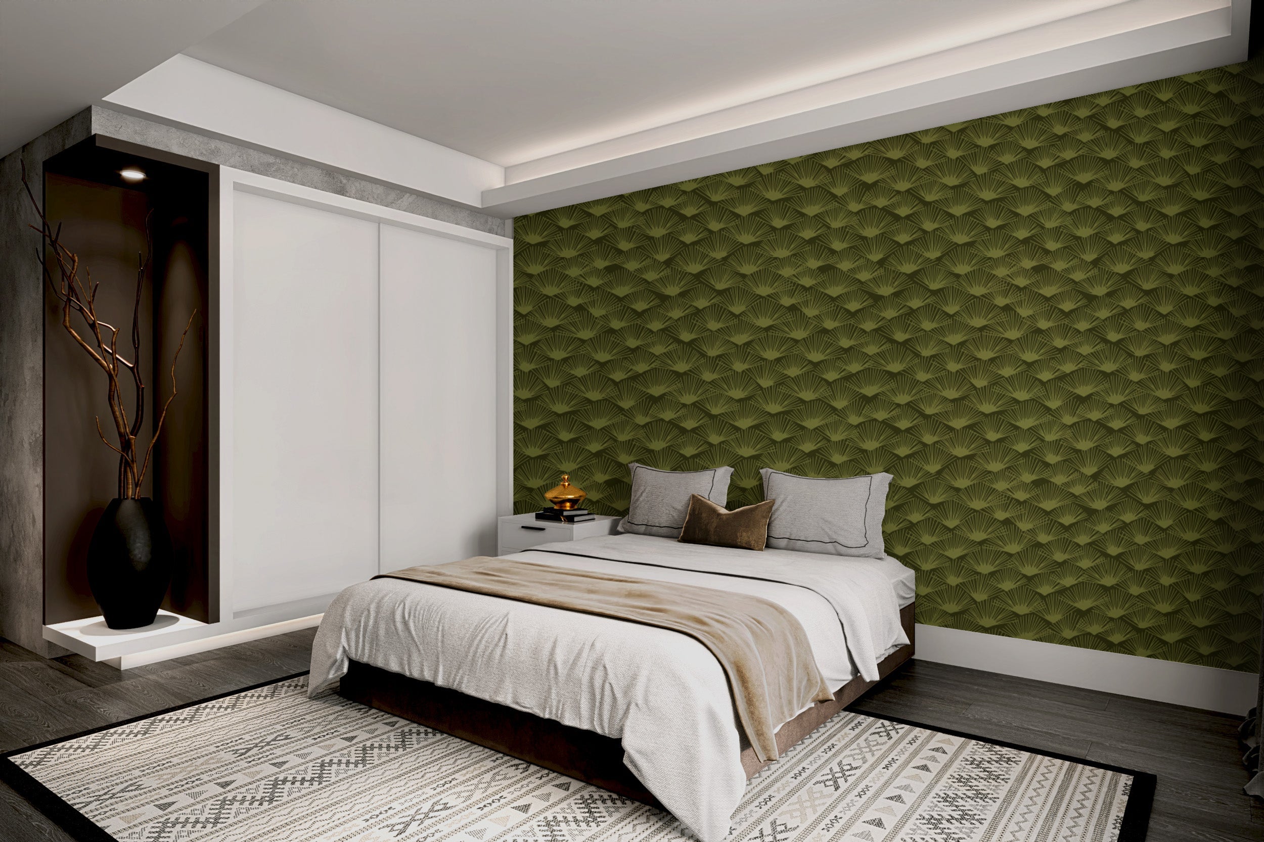 Mystic Moss Fanfare wallpaper with elegant green fan motifs.
