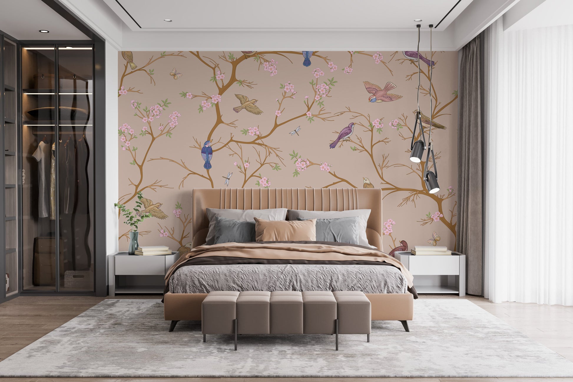 Beige Chinoiserie Wallpaper adds elegance to bedrooms