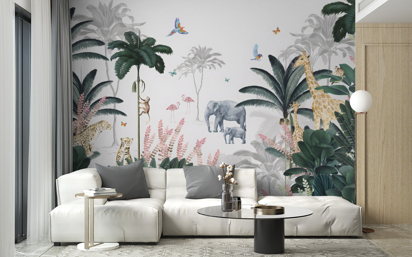 Safari animals in a tropical scene kids' room wallpaper mural.
