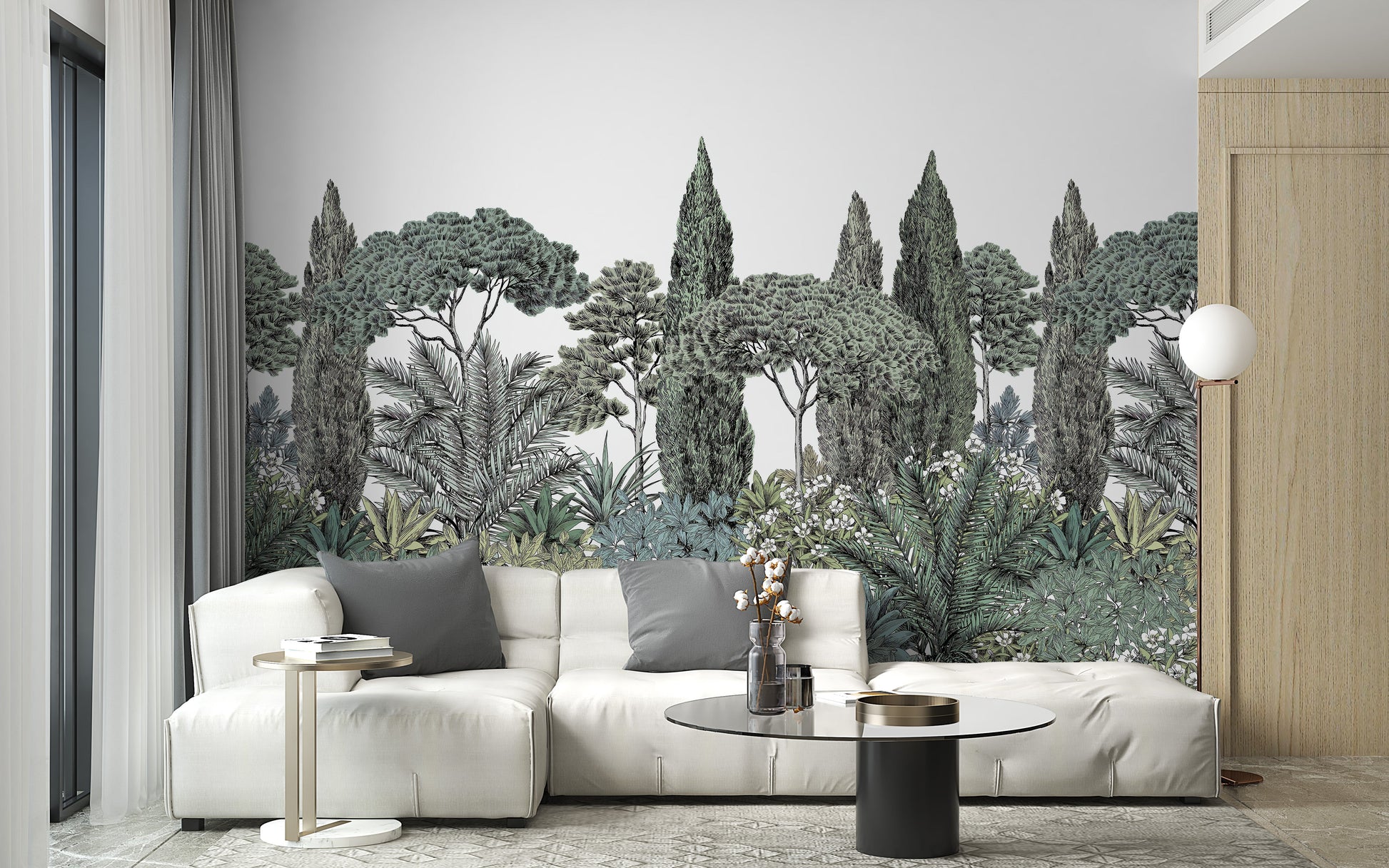 Serene greenery wallpaper mural with forest and garden themes.
